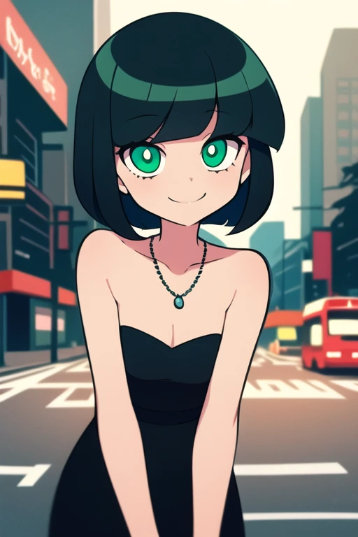 1 girl, solo, A Powerpuff Girl named Buttercup, short black hair, bob cut, medium hair, green eyes, in a little black dress, short strapless black dress, a longer body, all grown up, a teenager style, with a pearl necklace, bare shoulders, and being so beautiful, walking in the street, at night time in the city, in 2D illustration, 2D art style, smile, close up.