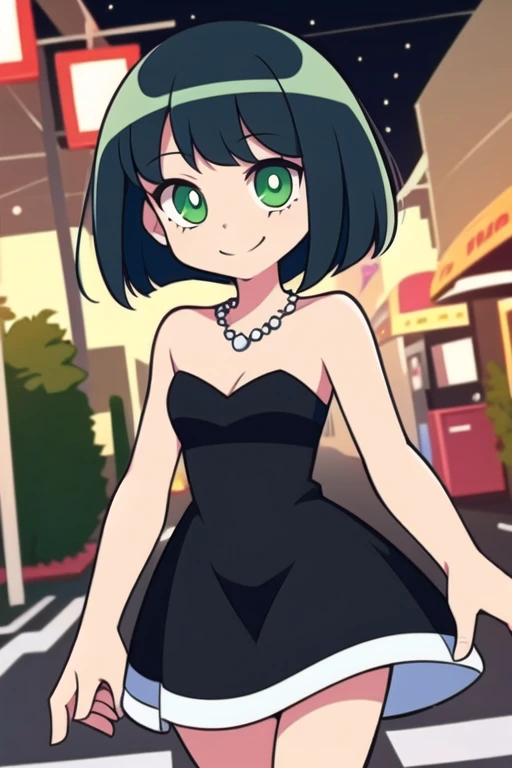 1 girl, solo, A Powerpuff Girl named Buttercup, short black hair, bob cut, medium hair, green eyes, in a little black dress, short strapless black dress, a longer body, all grown up, a ager style, with a pearl necklace, bare shoulders, and being so beautiful, walking in the street, at night time in the city, in 2D illustration, 2D art style, smile, close up.