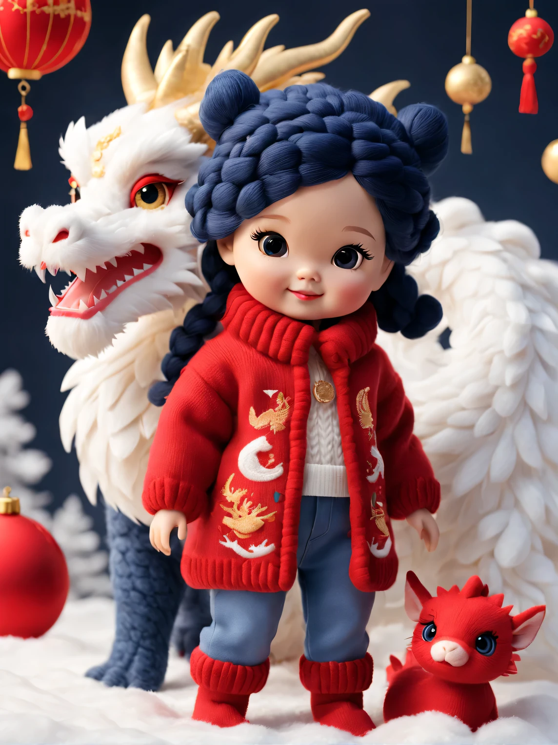 2024 new year plush toy design,(Close up of smiling cute baby chinese dragon and barbie doll:1.1),Wear a sense of luxury, Gorgeous and Stylish Cashmere and Wool Fashions for Winter,(Exquisite cashmere wool craftsmanship) , Background with:Dark navy and fiery red,2024 new year elements,golden ornaments,heavy snow ground, Apply exquisite skills and superb technology,Weave wool into a variety of styles and textures,Pay attention to the edge of the sweater、sutured、Details such as stitching ensure smooth lines of the sweater、Smooth and traceless,Demonstrate perfect craftsmanship quality。 Cute 3d rendering,Cute and detailed digital art,Miniature feeling,stylized 3d render,3d rendered figure art 8k,lovely digital painting,Anime style 3D,Ultra-detailed rendering
