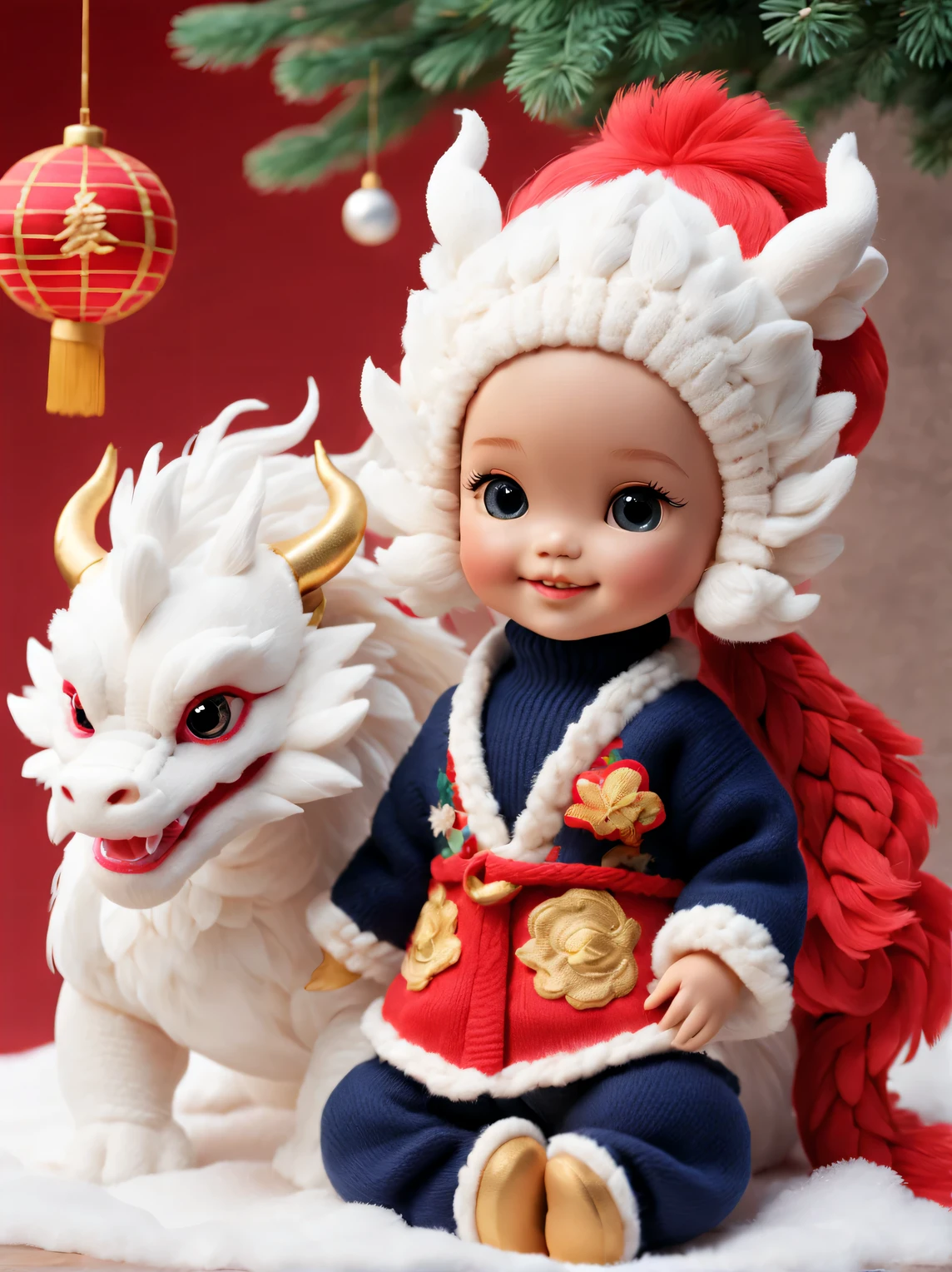 2024 new year plush toy design,(Close up of smiling cute chinese dragon and barbie doll:1.1),Wear a sense of luxury, Gorgeous and Stylish Cashmere and Wool Fashions for Winter,(Exquisite cashmere wool craftsmanship) , Background with:Dark navy and fiery red,2024 new year elements,golden ornaments,heavy snow ground, Apply exquisite skills and superb technology,Weave wool into a variety of styles and textures,Pay attention to the edge of the sweater、sutured、Details such as stitching ensure smooth lines of the sweater、Smooth and traceless,Demonstrate perfect craftsmanship quality。 Cute 3d rendering,Cute and detailed digital art,Miniature feeling,stylized 3d render,3d rendered figure art 8k,lovely digital painting,Anime style 3D,Ultra-detailed rendering