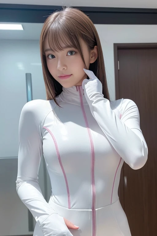 (Place your index finger on your chin, bend the index finger, Shiny rubber suit, gazing at viewer, Leaning forward, 1 girl, Looking at Viewer, from the front side, facing straight at viewer, white clothes, pink line in the clothes, White Gloves, futuristic spacesuit, Inside the spaceship restraint bed room), Smile, Upper body, body suit, Mini Pencil Skirt, High neck clothing, Hide the neck, drooping eyes, Head tilt, masutepiece, Best Quality, an extremely cute girl, , high school girl hairstyle