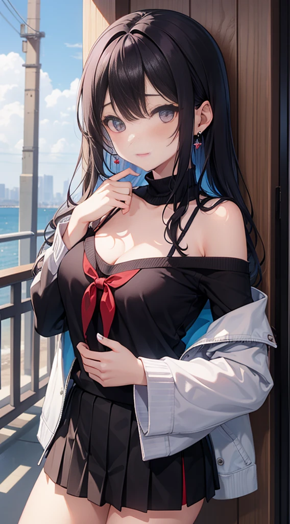 best quality, ultra precision, 1girl, cute, little girl, young, boyish, childish, Medium breasts, black hair, messy hair, blue long hair, hair over one eye, purple eyes, beautiful eyes, girl, ecstasy, sailor collar, estrus, metestrus, start to undress, naughty mood, she loves you, lost virgin, virgin, blush, sexy, beautiful skin, big bow on chest, BLACK SWEATER, BLACK SHIRT, SHIRT UNDER SWEATER, OFF SHOULDER TOP) TSUNDERE 14 YEARS old, Short black skirt, purple earring