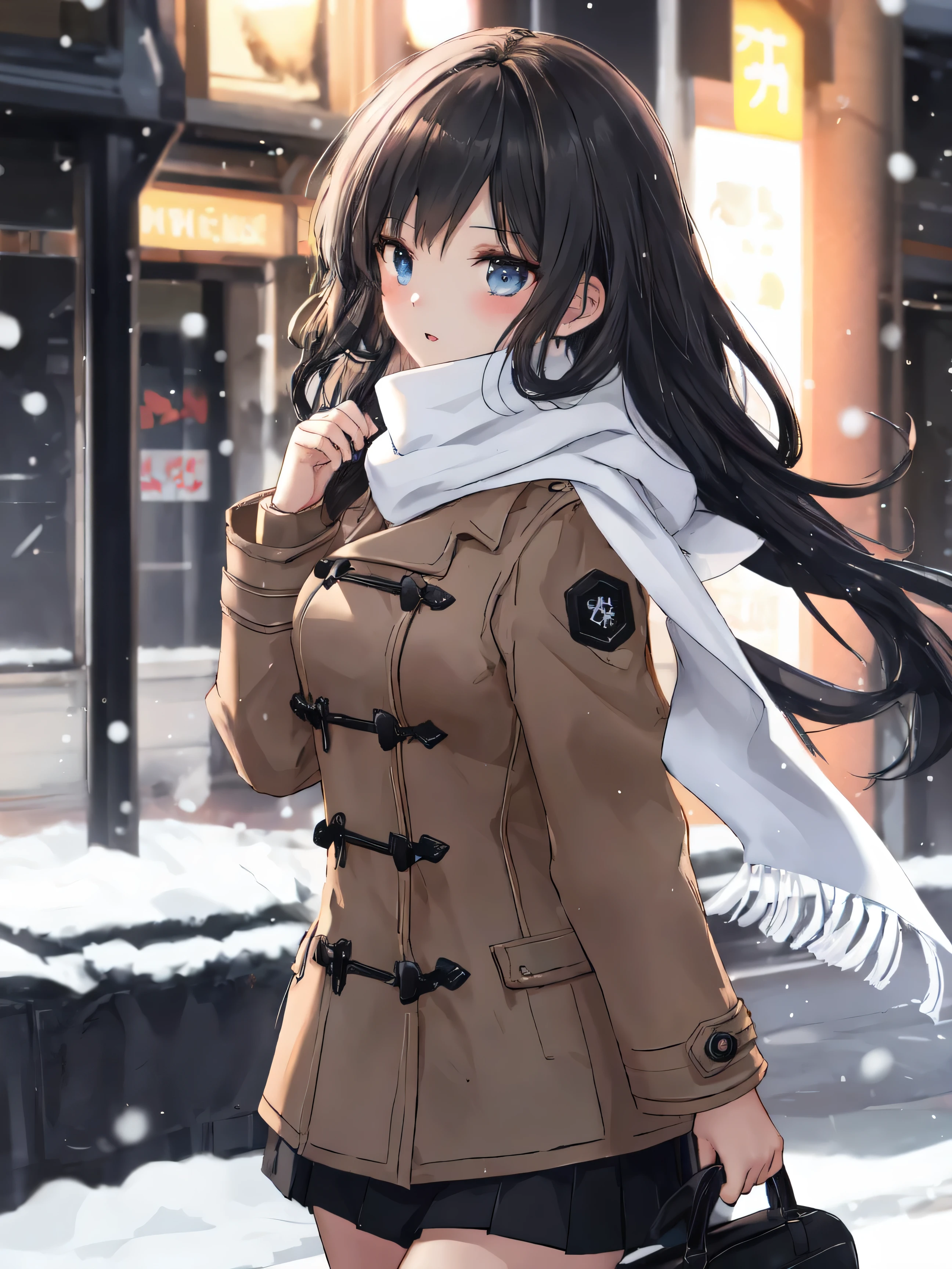 8K, (Ultra-detailed:1.3, master piece:1.3, Best Quality:1.3, High resolution:1.3), 18year old, High school students, 1 person, girl with, Beautiful face, large and beautiful breasts, Blue eyes, eyes in Highlights, catch light eyes, Specular Highlight Eye, BREAK (Long hair, Pitch black hair:1.5), (Black sailor suit), Black pleated skirt, Separate Uniform, BREAK shoot from front, Whole body, blush, BREAK Street, (Walking), Night, yuki, BREAK Breathing white breath from cold, BREAK light brown duffel coat, (White headscarf:1.5), BREAK (red neckerchief)