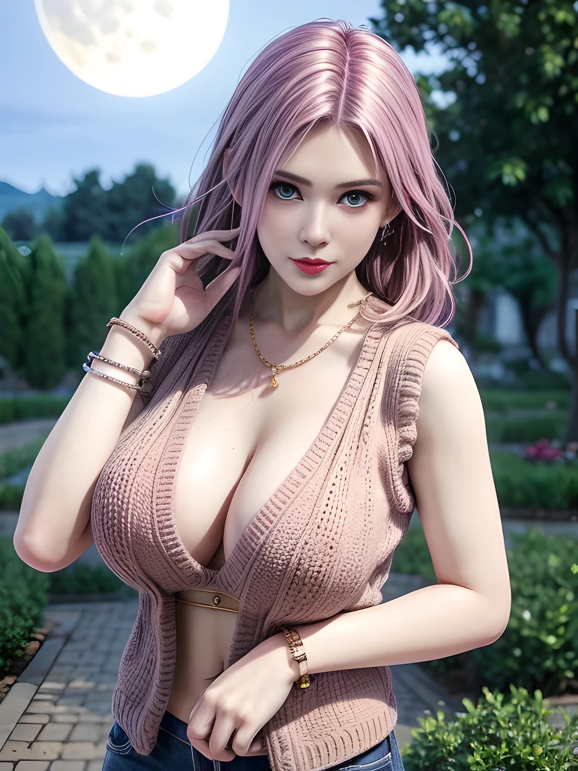 first person perspective,1 girl,Elise,(Wear a knitted vest, Jean Lac Rose)),trpical garden,jewely,Tattooed with,during night, full_themoon,Redlip,Glossy glossy skin,鎖骨,Charming cleavage,(tmasterpiece:1.5), (Best quality at best:1.35),(Realistis:1.4), detailed,8K,computer graphics image processing,detailed头发,,Expressive eyes, s the perfect face, real fingers,depth of fields,Similar colors,a warm color palette,softlighting,low-contrast,(Bright color contrast composition),Soft shadows,