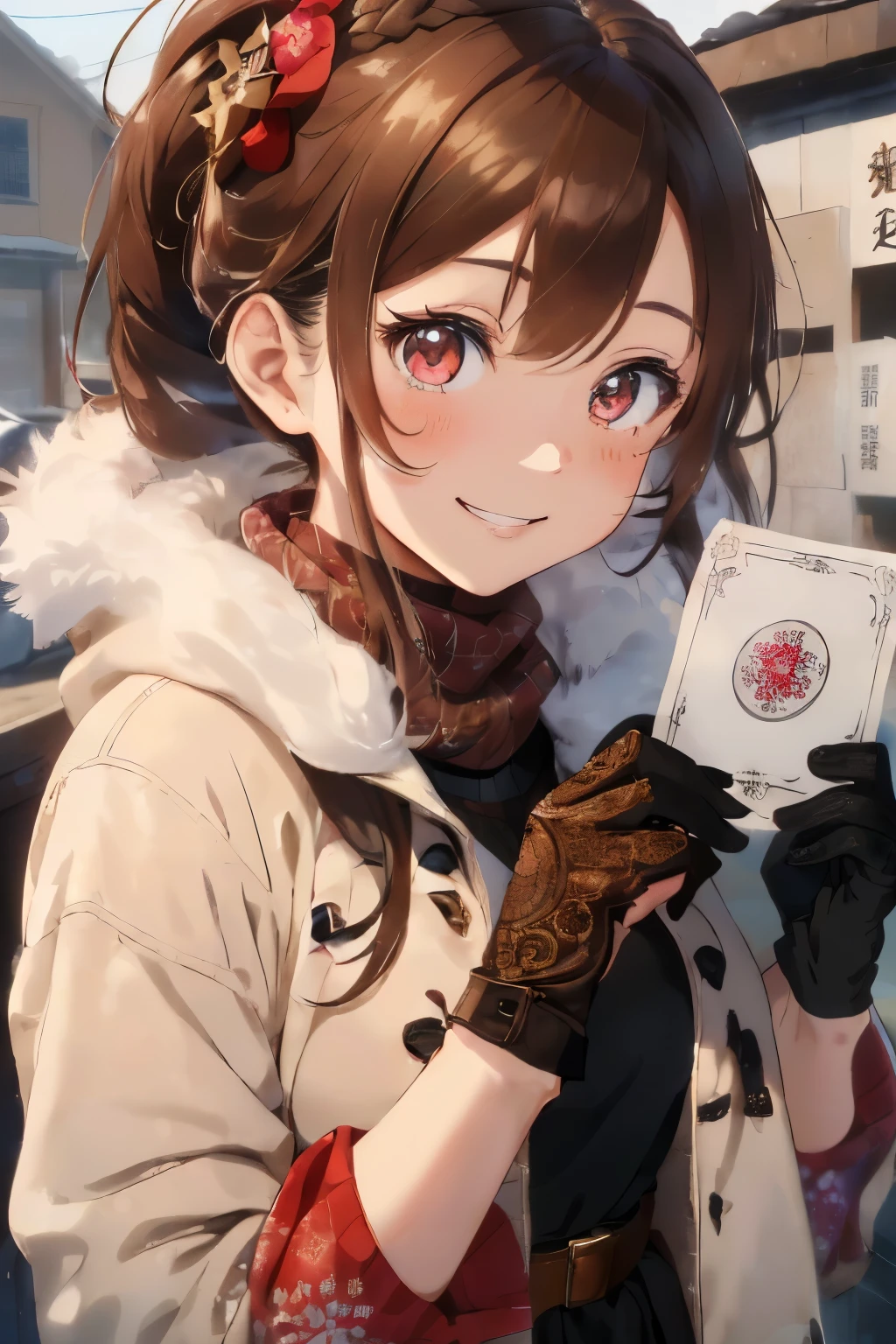 (Brown hair),(Braided shorthair),(With bangs),(Brown eyes:1.25),Slight red tide,(Her eyes are sparkling:1.2),(Eye size:1.7),(gloves:1.5),(messy and messy hair:1.2),(Winter clothes with cute designs:1.4),(place々One-piece dress with lace:1.3),(Brown short boots),(Happy smile:1.1),(Smiling smile:1.15),(Kadomatsu:1.25),(accessories like flowers and crystals:1.3),(close up of face:1.25),(和やかな雰囲気の場place),(warm winter coat:1.3),(muffler:1.3),(holding a long thin piece of paper1.35),(I am showing you the paper with the fortune telling results here.:1.35),