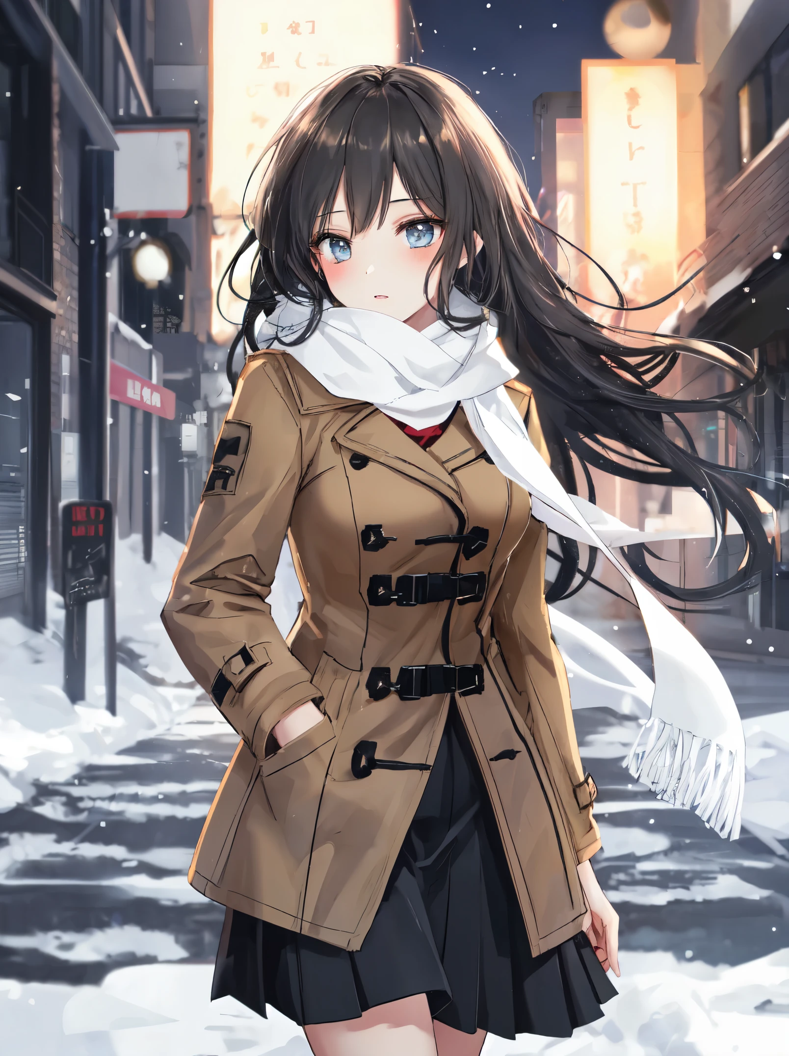8k, (ultra-detailed:1.3, master piece:1.3, best quality:1.3, high resolution:1.3), 18year old, High school students, 1 person, a girl, beautiful face, large and beautiful breasts, Blue eyes, eyes in highlight, catch light eyes, specular highlight eyes, BREAK (long hair, pitch black hair:1.5), (black sailor uniform), Black pleated skirt, Separated uniforms, BREAK shoot from front, cowboy shot, (no hat:1.3), blush, BREAK Street, (walking), night, snowing, moon, BREAK Breathing white breath from cold, BREAK (light brown duffel coat, open the front of the coat), (white Scarf:1.5), BREAK (red neckerchief)
