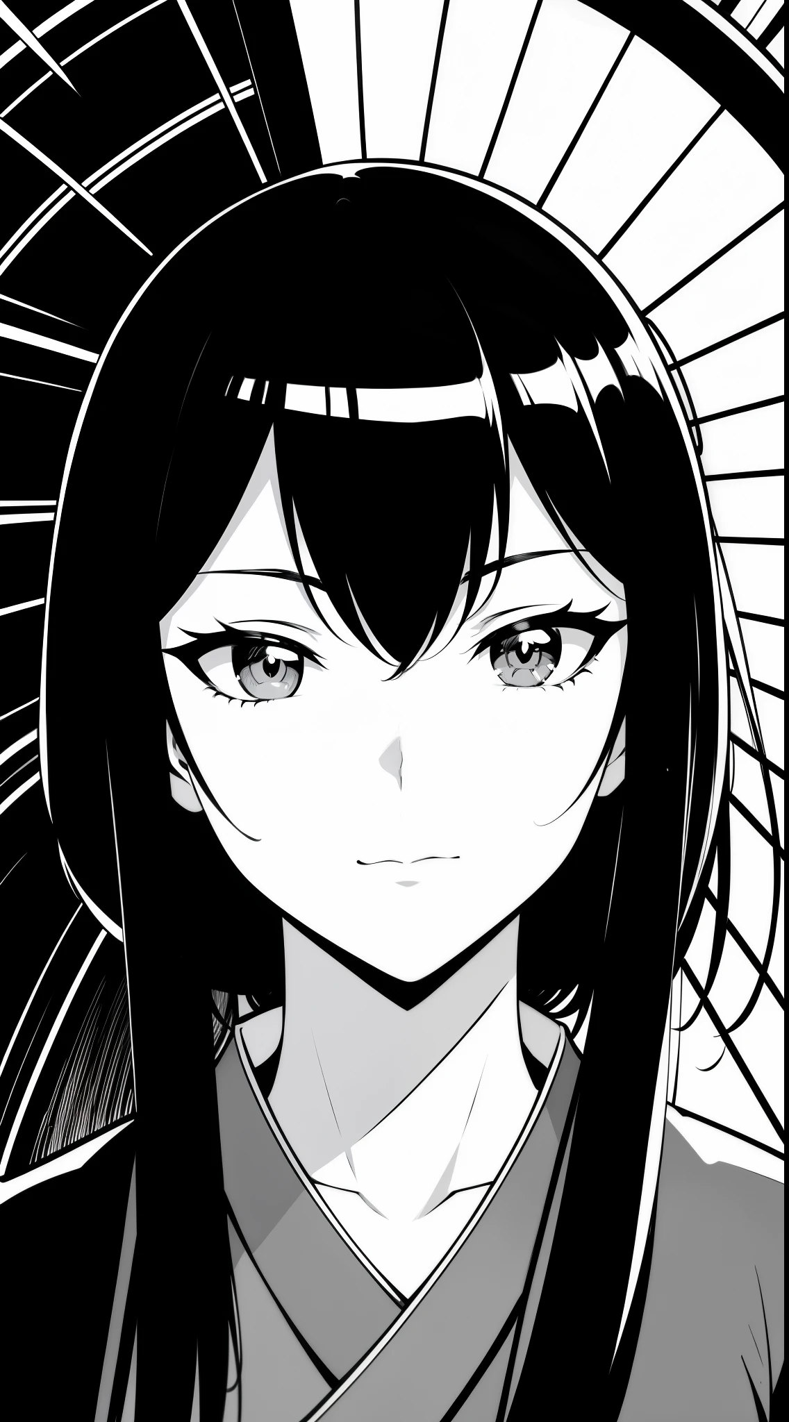 {8k image}, 1beautiful japanese woman, 27 years old, wearing a samurai outfit, looking at the viewer with a neutral expression, raining in the background, {face portrait}, facing the camera, looking directly at the camera, {centered image}, manga art style, detailed lineart, monochrome