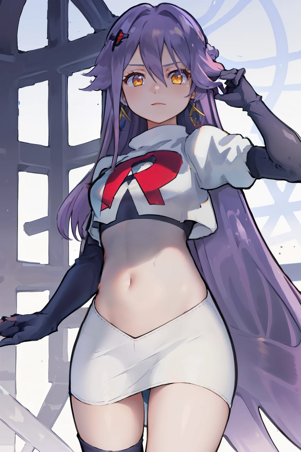 masterpiece, best quality, best 8k wallpaper, 
1 girl, long hair, purple hair, bangs, yellow eyes, earrings, hair between eyes, hair ornament,
team rocket,team rocket uniform,white skirt,red letter R,crop top,black thigh-highs,black elbow gloves