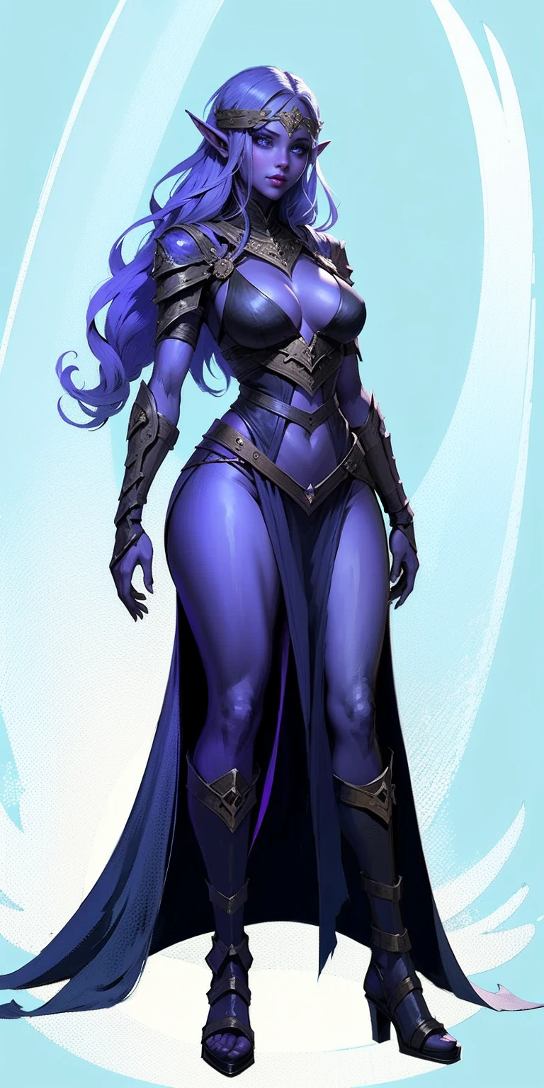 Masterpiece, standing straight symmetrical, full body female drow elf slave wearing an adventurer outfit, black blindfolded, (very purple skin)