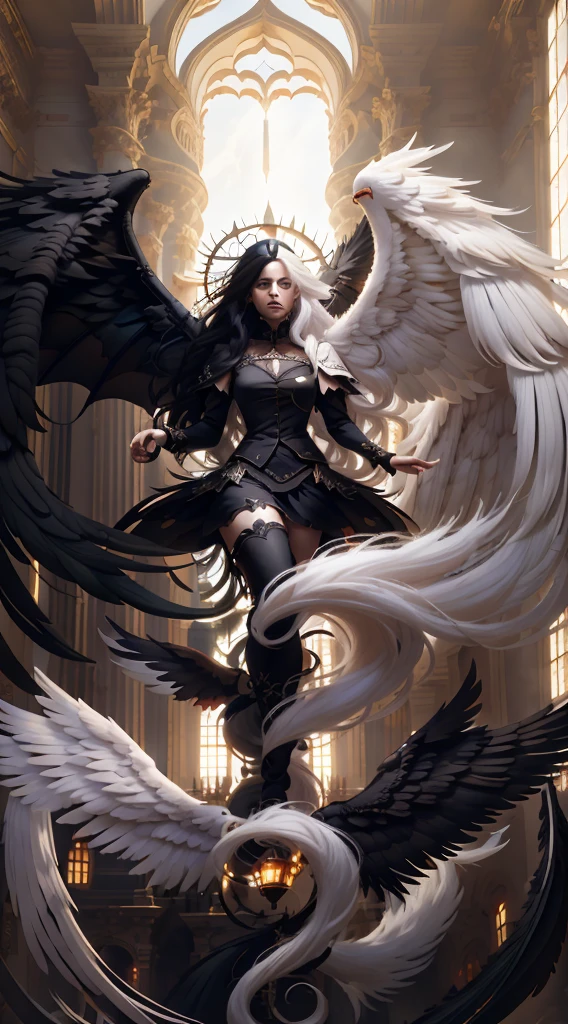 (master-piece:1.3),(bestquality:1.2),10,Absurd,unity wallpaper 10,(Very detailed:1.3),highest, (Mr. Nale), ((Separate theme)), long-haired, Heterochromia, (White Hair,Black Hair), (angel,Demons), (White wings,black wings)