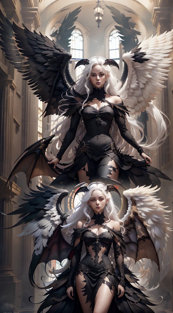 (master-piece:1.3),(bestquality:1.2),10,Absurd,unity wallpaper 10,(Very detailed:1.3),highest, (Mr. Nale), ((Separate theme)), long-haired, Heterochromia, (White Hair,Black Hair), (angel,Demons), (White wings,black wings)