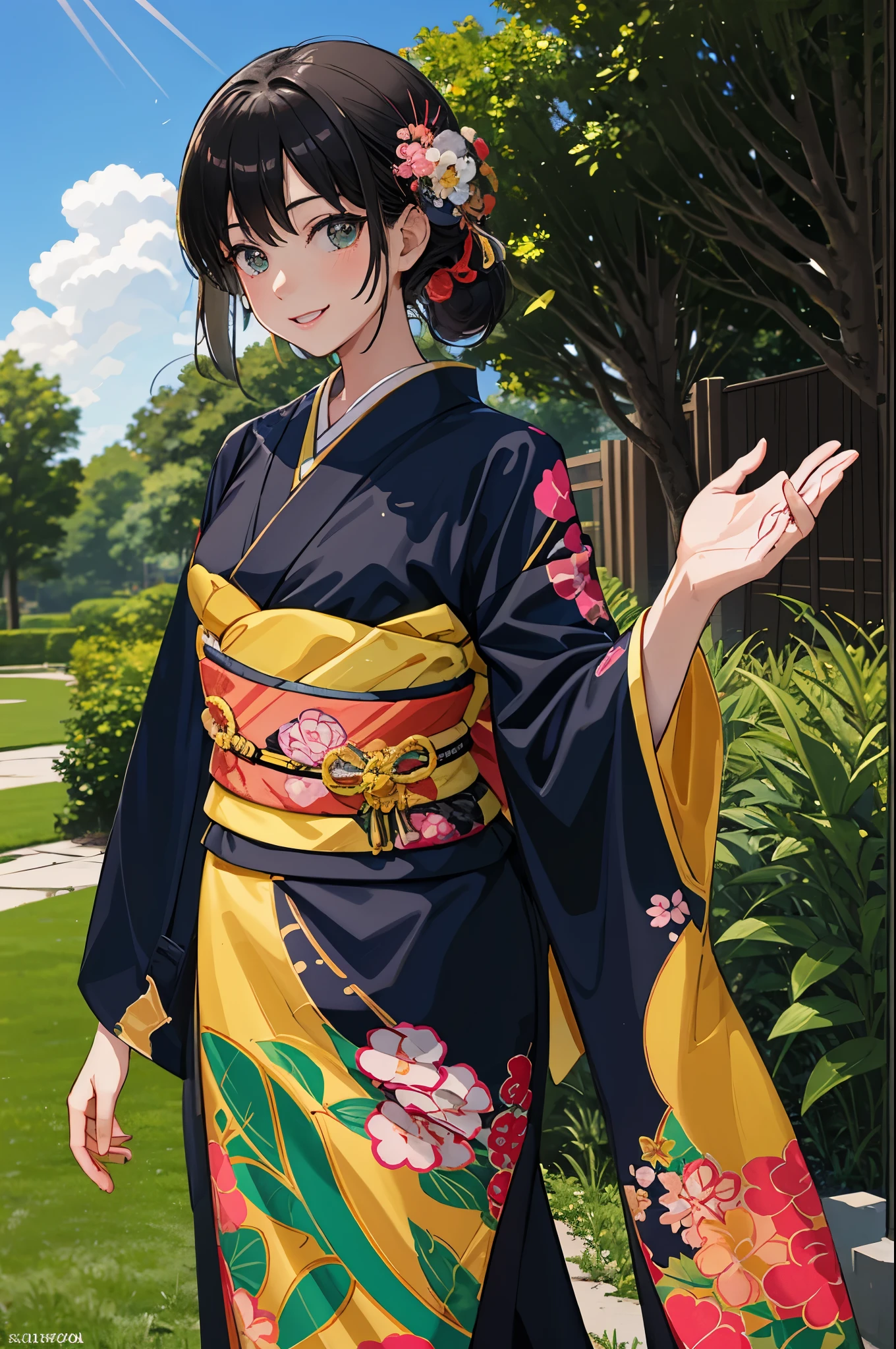 (yellow/Blue/Green/white/Black/Red/Pink kimono:1.2),(komono:1.2),(with floral pattern),(Long sleeves),miyamizu_mitsuha,1 girl,Solo,(Upper body),(Smile),Black hair,Looking at Viewer,Outdoors,(llight rays:1.2),(Sun:1.2),(Blue sky:1.1), Park,Flowers,lawn,Trees,