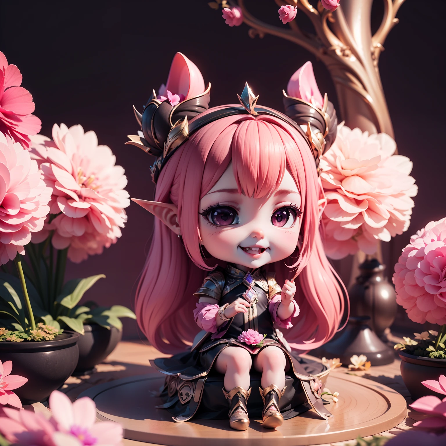 Cute  Chibi selena mobile legend,(((Chibi 3D))) (Best Quality) (Master Price)、(Chibi :1.3)、Sitting on smoky pink flowers、specimen、houseplant、Open your mouth and smile、Jewelry Decoration Costumes