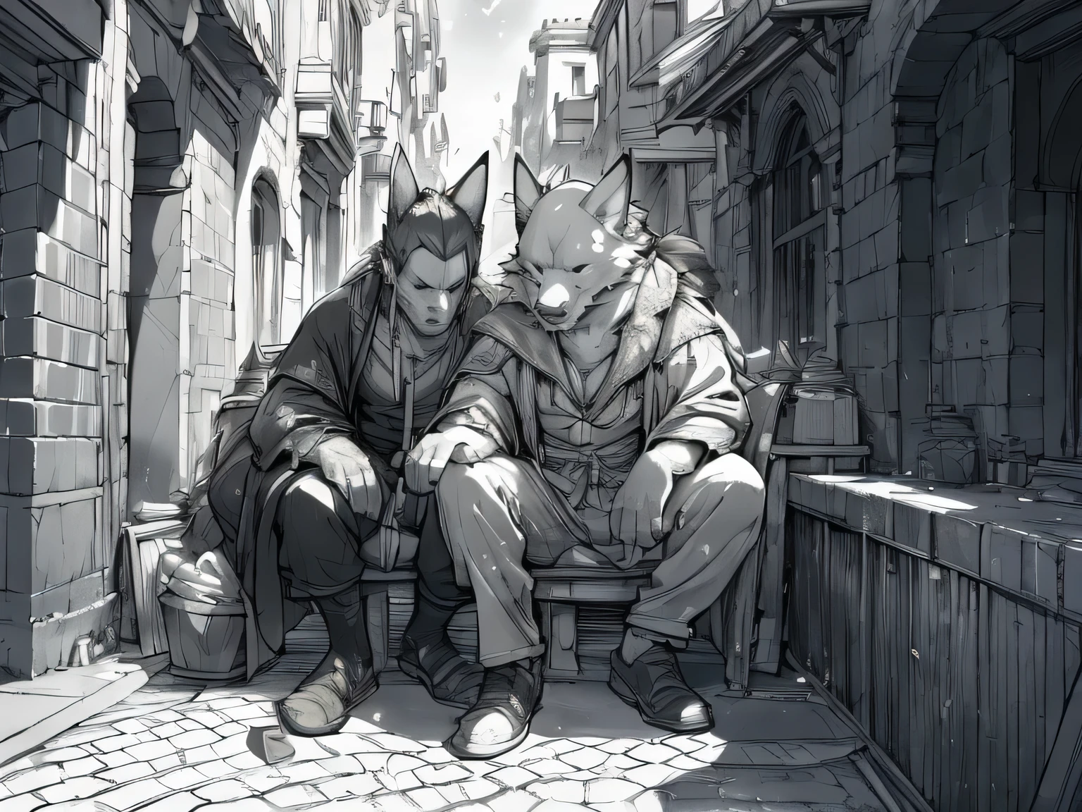 Wolves sitting along the street, homeless, sad, longing, melancholy, beautiful, morocco architecture, unforgettable moment, lineart, (monochrome), (manga), anime, masterpiece, 8K, Magic fantasy 3D concept art, Amazing concept art, illustration, Cinematic scene, hero view, best quality, high quality, highres, greg rutkowski, neowrsk, Tsukasa Abe