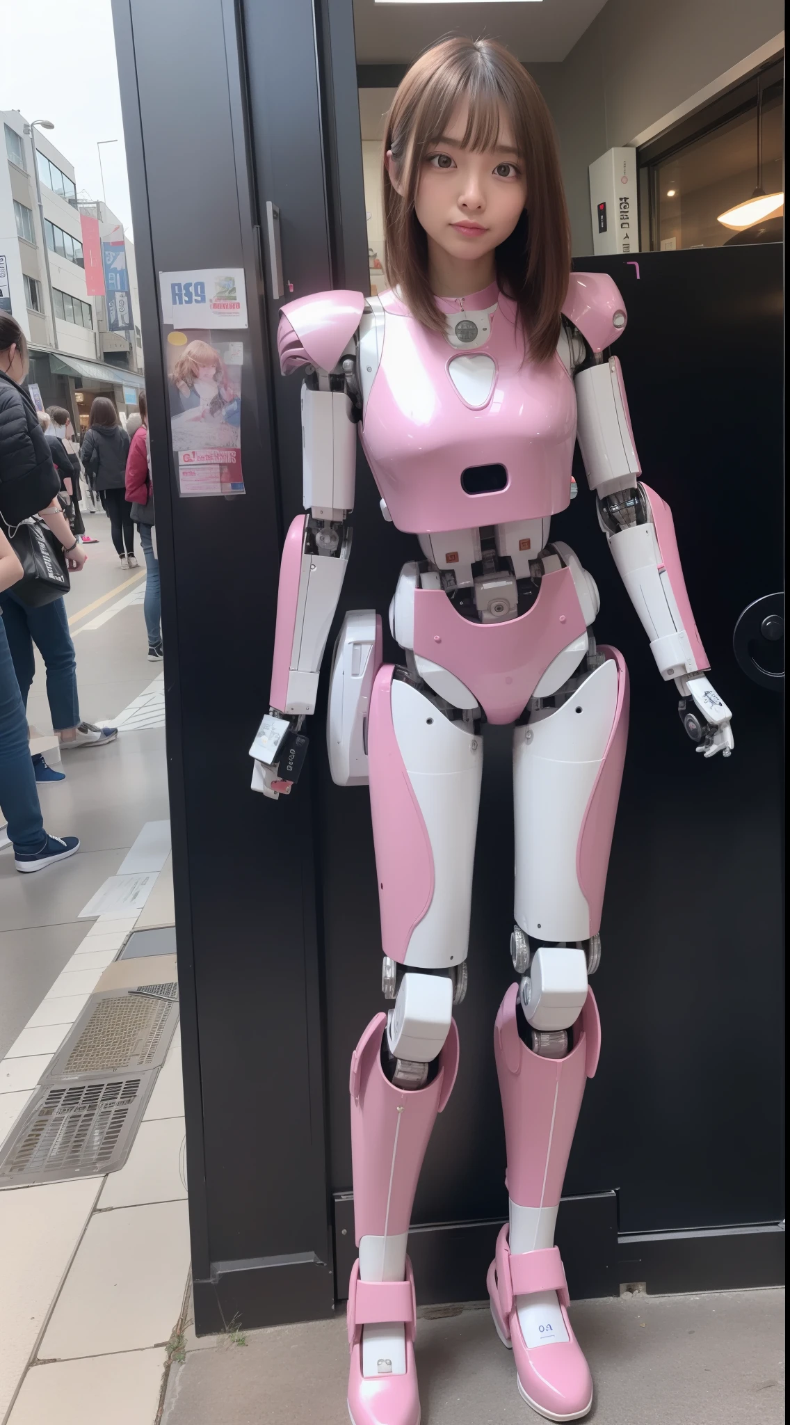 Robot Girl, Silver, Metallic body, Robot Parts, Metal Parts, Super Detailed Face, Super well-formed face, of the highest quality, a small face, small head, Brown hair, Slender body, Camera gaze, Internal Mechanical Exposure, Idol, front facing, Well-proportioned body, sale, Exhibited, Event Hall, Moe Pose, Standing with legs open, Model body type, sad, Embarrassing,(Perfect Robot Girl),(Perfect machine body)