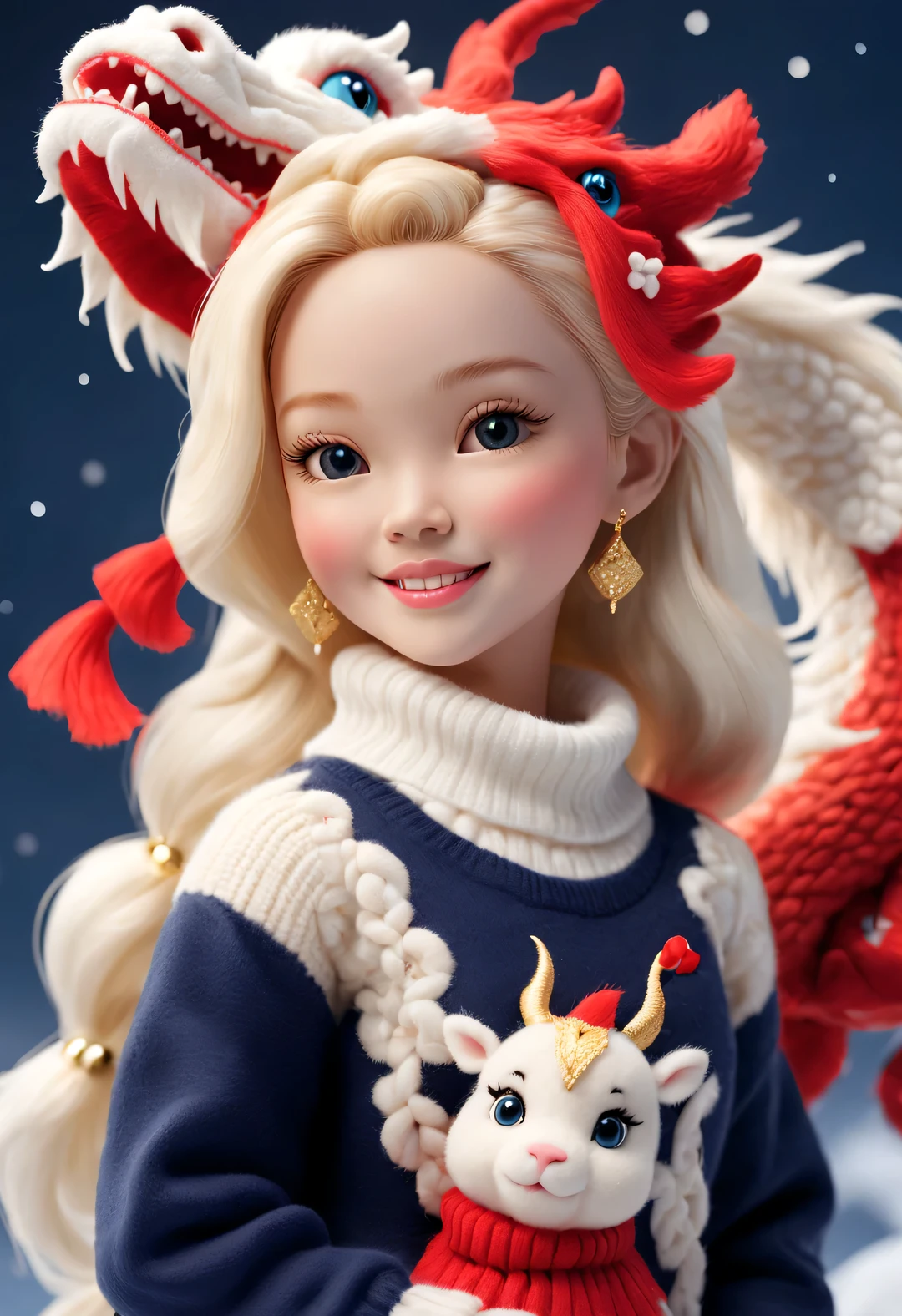 2024 new year plush toy design,(Close up of smiling cute chinese dragon and barbie doll:1.1),Wear a sense of luxury, Gorgeous and Stylish Cashmere and Wool Fashions for Winter,(Exquisite cashmere wool craftsmanship) , Background with:Dark navy and fiery red,2024 new year elements,golden ornaments,heavy snow ground, Apply exquisite skills and superb technology,Weave wool into a variety of styles and textures,Pay attention to the edge of the sweater、sutured、Details such as stitching ensure smooth lines of the sweater、Smooth and traceless,Demonstrate perfect craftsmanship quality。
Cute 3d rendering,Cute and detailed digital art,Miniature feeling,stylized 3d render,3d rendered figure art 8k,lovely digital painting,Anime style 3D,Ultra-detailed rendering