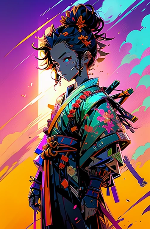 a samurai ??? with floral background, sundown (golden sun)