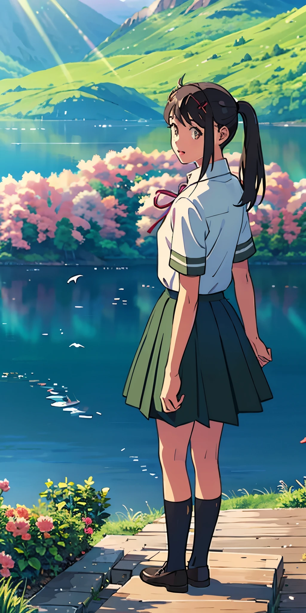 suzu_me, 1 girl, solo, (standing), full body,looking aside,brown eyes, black hair, hairclip, single drill, red ribbon, short sleeves school uniform,(green school skirt), outdoors,(light rays:1.2),(sun:1.2),(blue sky:1.1), (moutains:1.2),(lake:1.1),(flowers:1.3),lawn,(dock:1.1),(birds:1.1),trees,from above