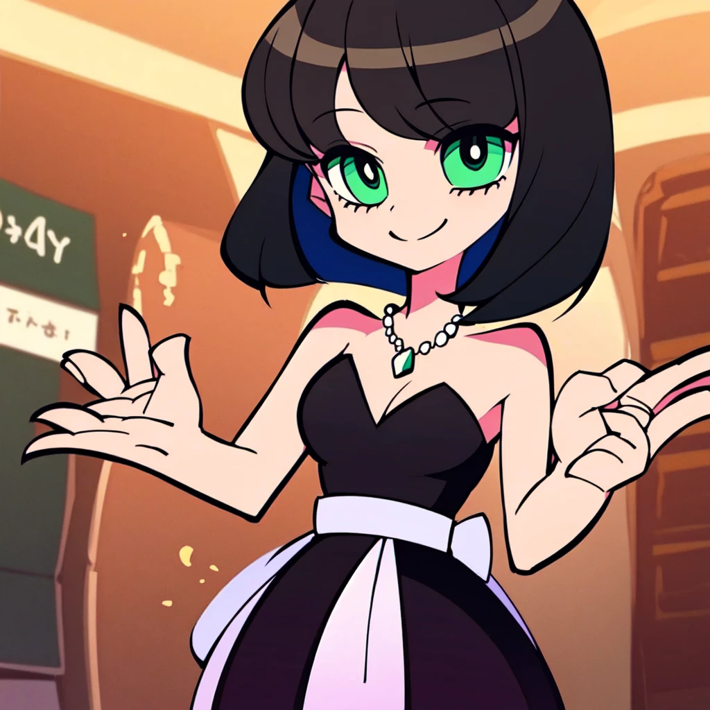 1 girl, solo, A Powerpuff Girl named Buttercup, short black hair, bob cut, medium hair, green eyes, in a little black dress, short strapless black dress, a longer body, all grown up, a ager style, with a pearl necklace, bare shoulders, and being so beautiful, standing near a brick wall, at night time in the city, in 2D illustration, 2D art style, smile, close up.