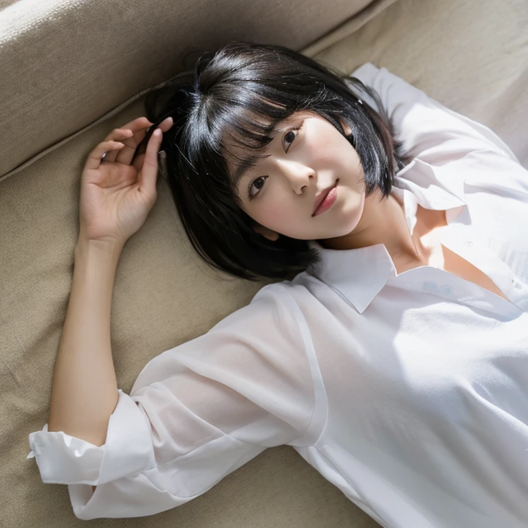 one woman,japanese,Whiteshirt,lying down,cute face,bob hair,black hair,from above,on the bed,Japanese,Taking a selfie,Third-party perspective