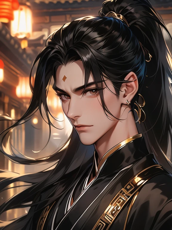 Best quality,A high resolution,The image is clear:1.2，A man in a black Hanfu，，Long black hair and high ponytail，Ancient Chinese tea house，