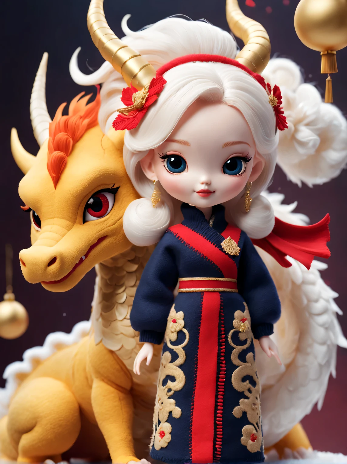 Natalie Shaw style, character concept design, A half body，2024 new year plush toy design，（Close up of smiling cute baby chinese dragon and barbie doll：1.1），Wear a sense of luxury, Gorgeous and Stylish Winter Cashmere and Wool Fashionquisite cashmere wool craftsmanship） ， Background with：Dark navy and fiery red，2024 new year elements，golden ornaments，heavy snow ground， Apply exquisite skills and superb technology，Weave wool into a variety of styles and textures，Pay attention to the edge of the sweater、sutured、Details such as stitching ensure smooth lines of the sweater、Smooth and traceless，Demonstrate perfect craftsmanship quality。 Cute 3d rendering，Cute and detailed digital art，Miniature feeling，stylized 3d render，3d rendered figure art 8k，lovely digital painting，Anime style 3D，Ultra-detailed rendering