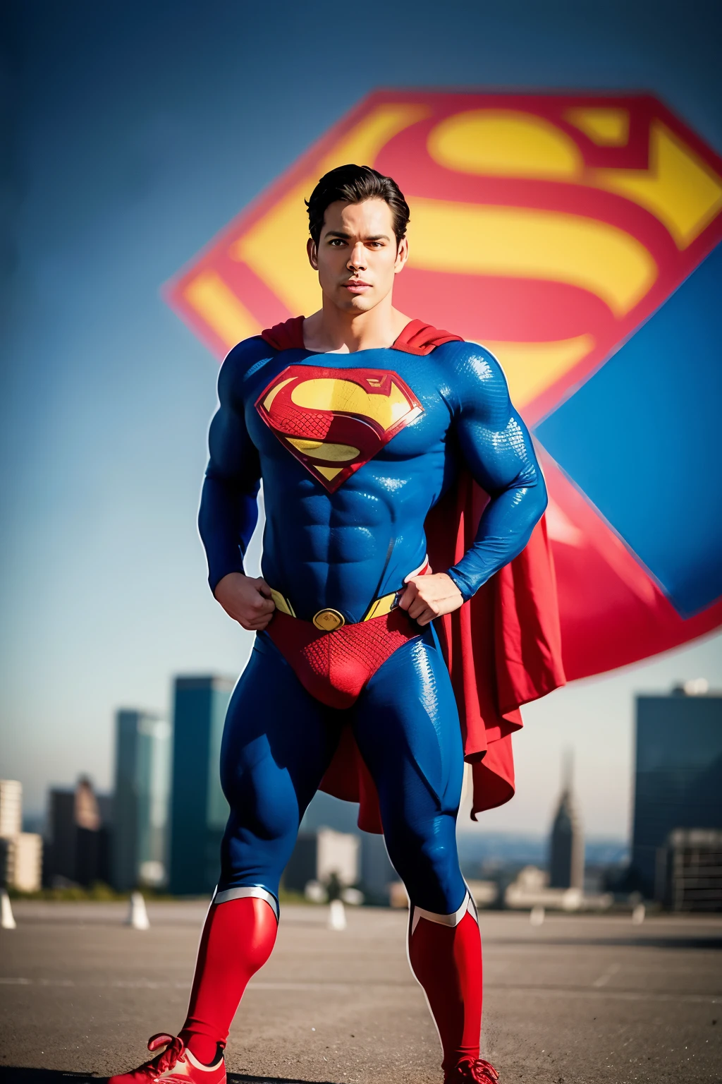 Full body of  Superman in a knitted texture blue bodysuit with a red and yellow superman logo on the chest, city in the background, blurry background, professional shot, bright saturated colors, sharp focus, highly detailed