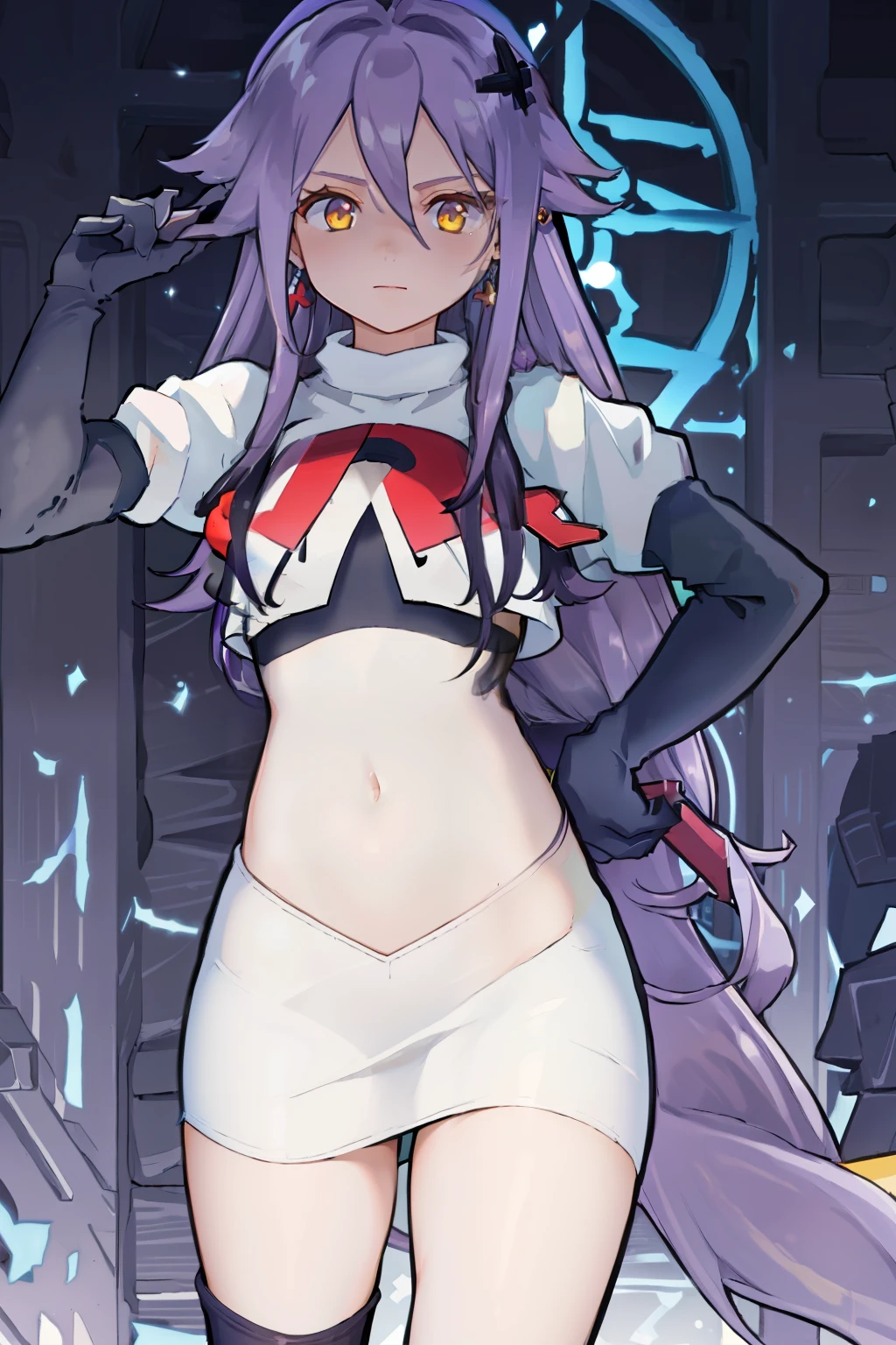 quinella, quinella, absurdly long hair, (purple eyes:1.1), long hair, parted bangs, purple hair, very long hair, hair ornament,
BREAK team rocket,team rocket uniform,white skirt,red letter R,crop top,black thigh-highs,black elbow gloves,
BREAK looking at viewer, cowboy shot,
BREAK (masterpiece:1.2), best quality, high resolution, unity 8k wallpaper, (illustration:0.8), (beautiful detailed eyes:1.6), extremely detailed face, perfect lighting, extremely detailed CG, (perfect hands, perfect anatomy),