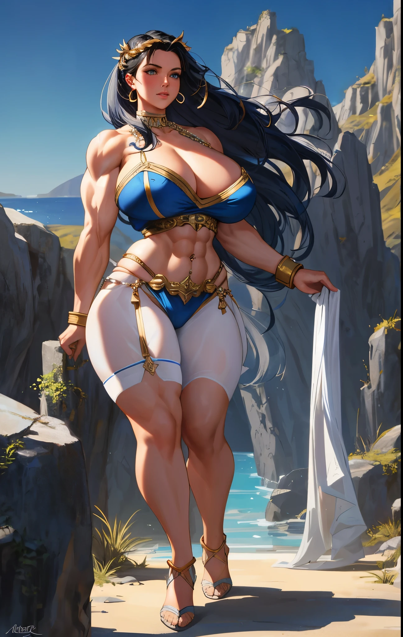 Masterpiece, Best quality, (Perfect face: 1.1), (high detail: 1.1), Hera, Goddess of motherhood and chastity, bathing scene, dramatic, female triplets, huge breasts, gray hair, gray hair, blue eyes , cleavage, long hair, solid, big, moon, transparent, night, dress, thighs, navel, white dress, thong choker, bare shoulders, wide hips, thick thighs, lips, covered, laced tunics, pelvic curtains, laced pelvic curtains, toned pelvis, toned hips, milky hips, navel piercings, body piercings, huge chest, musculature, big biceps, thigh musculature, bruised knees, knee-length shorts, garter belt, white heels, white sandals, body piercings , Chun-Li Thighs, Neck Chains, chains wrapped around the body, castle, detailed background of the rocky areas of the Aegean Sea, art, film lighting by artegerm and Greg Rutkowski, (((((muscular))))) .