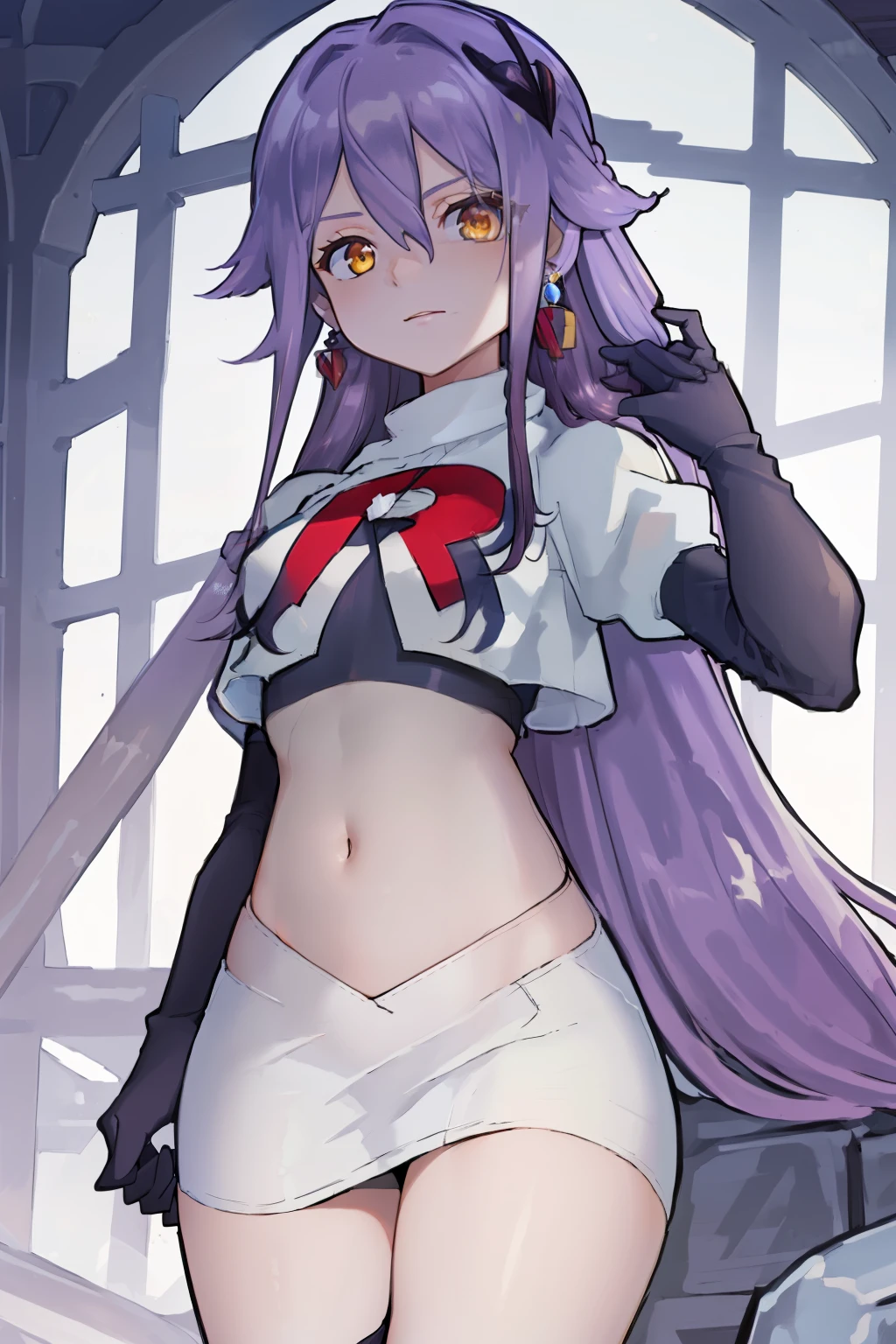 masterpiece, best quality, best 8k wallpaper, 
1 girl, long hair, purple hair, bangs, yellow eyes, earrings, hair between eyes, hair ornament,
team rocket,team rocket uniform,white skirt,red letter R,crop top,black thigh-highs,black elbow gloves