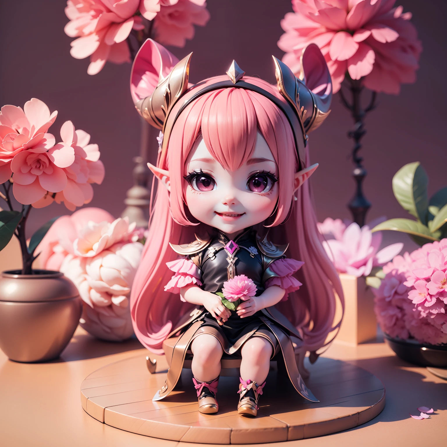 Cute  Chibi selena mobile legend,(((Chibi 3D))) (Best Quality) (Master Price)、(Chibi :1.3)、Sitting on smoky pink flowers、specimen、houseplant、Open your mouth and smile、Jewelry Decoration Costumes