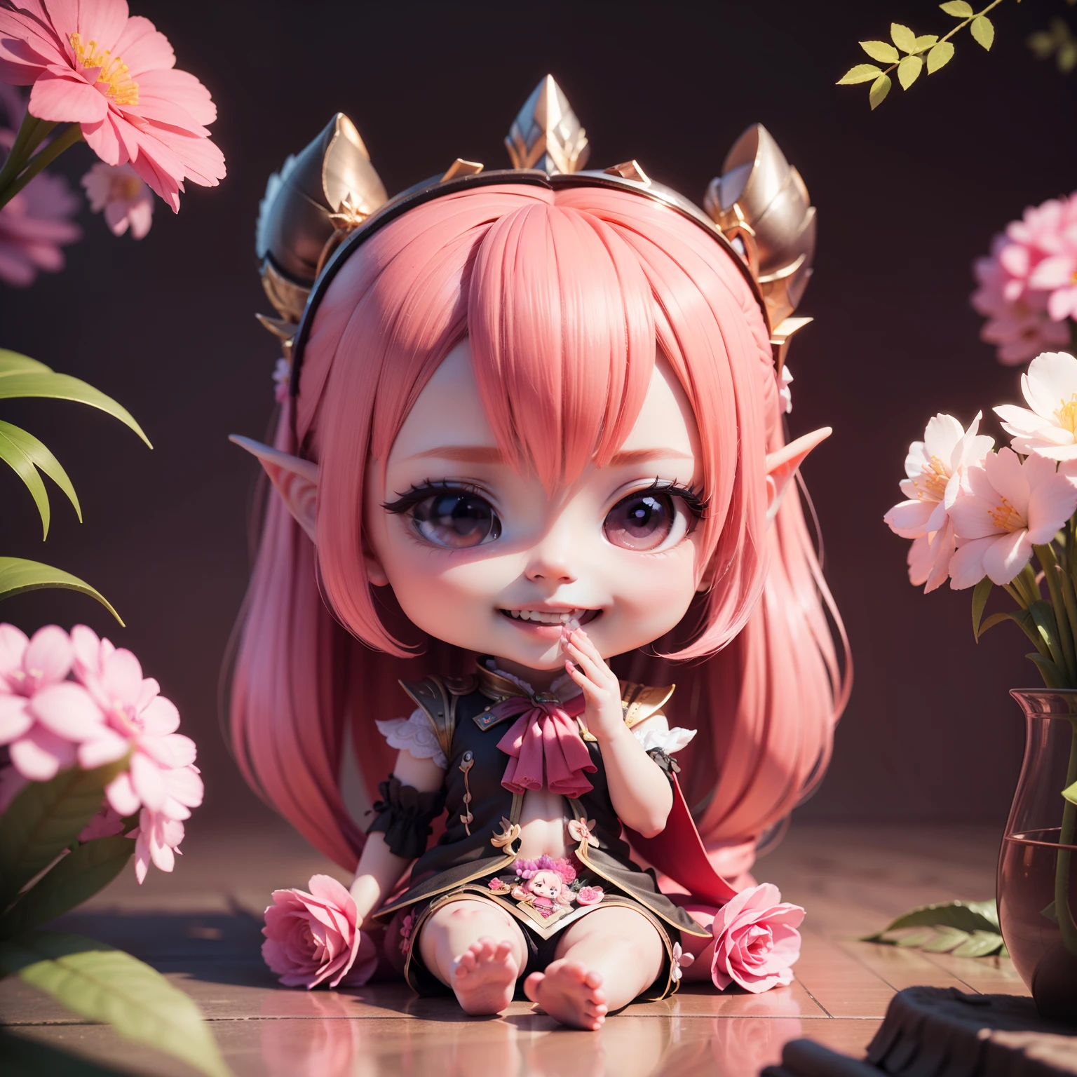 Cute Baby Chibi selena mobile legend,(((Chibi 3D))) (Best Quality) (Master Price)、(Chibi :1.3)、Sitting on smoky pink flowers、specimen、houseplant、Open your mouth and smile、Jewelry Decoration Costumes