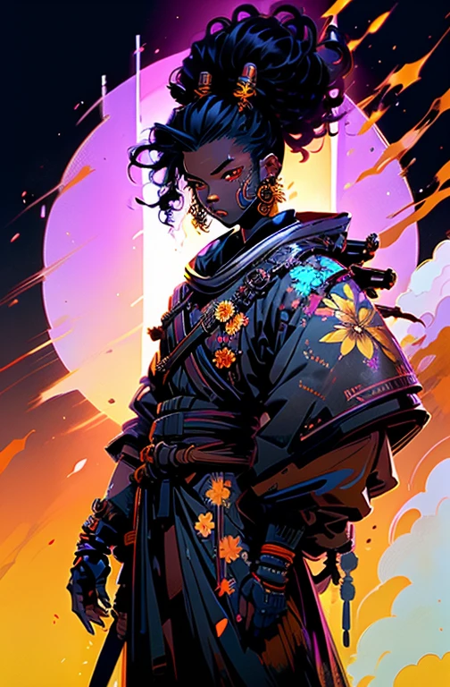a black samurai boy with black power hair, floral background, sundown (golden sun)