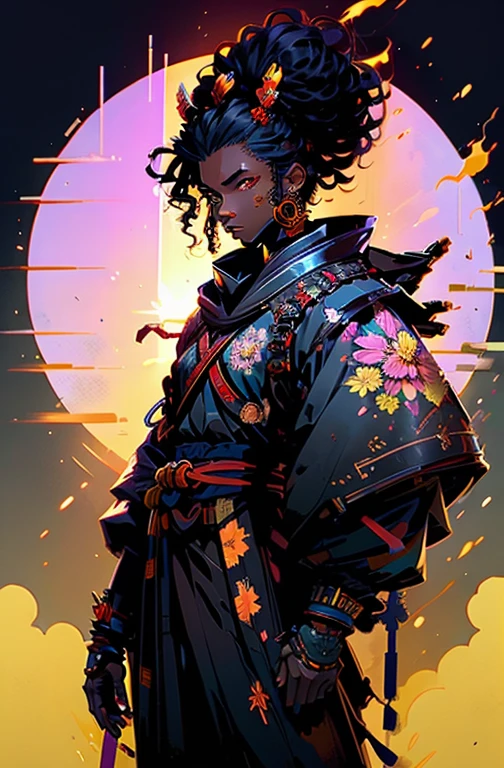 a black samurai boy with black power hair, floral background, sundown (golden sun)