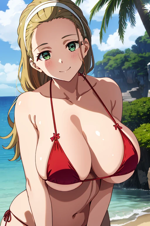(masterpiece, top-quality, detaile, hight resolution, extremely delicate and beautiful, anime screen cap, anime colours, 8k, photorealistic), akebi sasaki, hairband, long hair, 1girl, dark green eyes, smile, blush, (red Micro Bikini:1.3), (huge drooping breasts:1.5), (bent over:1.8, POV, down arms), (cleavage:1.5, Upper body:1.5, breast focus), (perfect detailed anatomy, Beauty details of breasts and eyes, Shiny skin), thick outline, beach, Sweat
