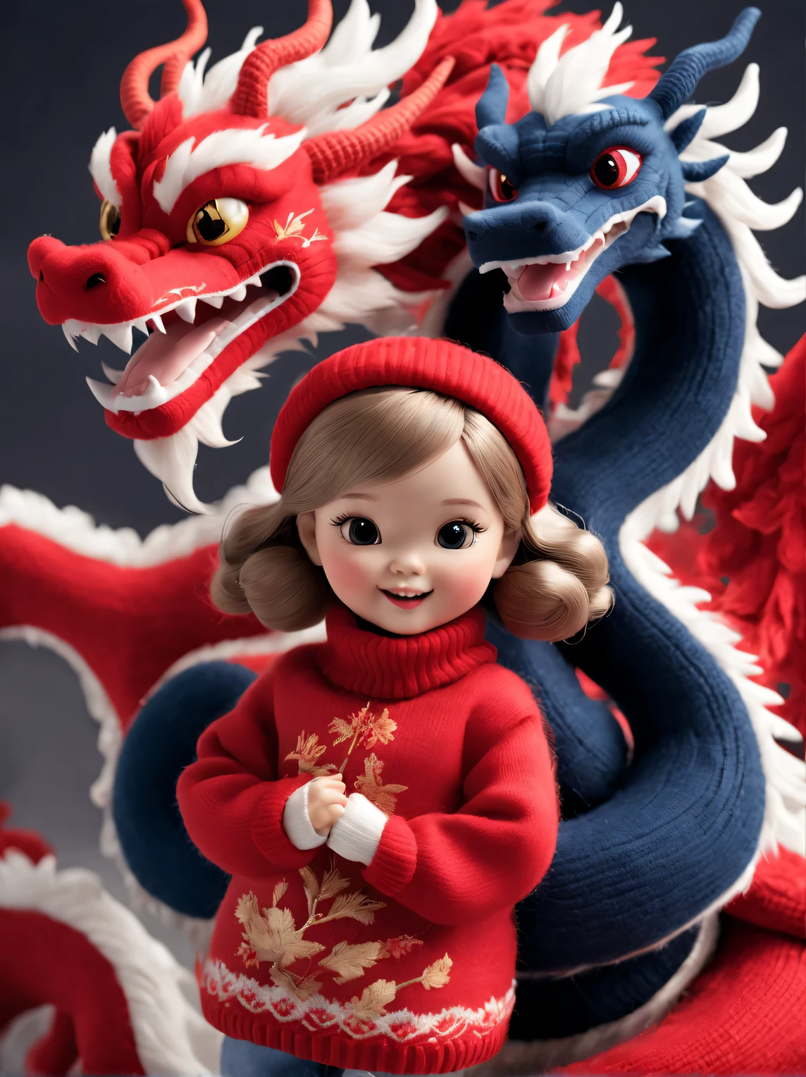 natalie shaw style, character concept design, Half a body,2024 New Year Plush Toy Photography,(Close up of smiling cute Chinese dragon baby and barbie doll:1.1),Wear a sense of luxury, Gorgeous fashionable winter cashmere wool fashionable exquisite cashmere wool craftsmanship) , Background with:Dark navy and fiery red,2024 new year elements,golden ornaments,heavy snow ground, Apply exquisite skills and superb technology,Weave wool into a variety of styles and textures,Pay attention to the edge of the sweater、sutured、Details such as stitching ensure smooth lines of the sweater、Smooth and traceless,Demonstrate perfect craftsmanship quality。 Cute 3d rendering,Cute and detailed digital art,Miniature feeling,stylized 3d render,3d rendered figure art 8k,lovely digital painting,Anime style 3D,Ultra-detailed rendering