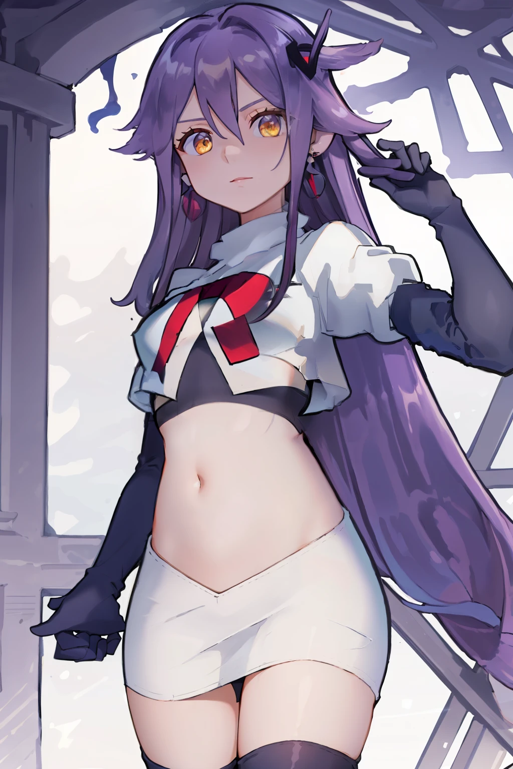 masterpiece, best quality, best 8k wallpaper, 
1 girl, long hair, purple hair, bangs, yellow eyes, earrings, hair between eyes, hair ornament,
team rocket,team rocket uniform,white skirt,red letter R,crop top,black thigh-highs,black elbow gloves