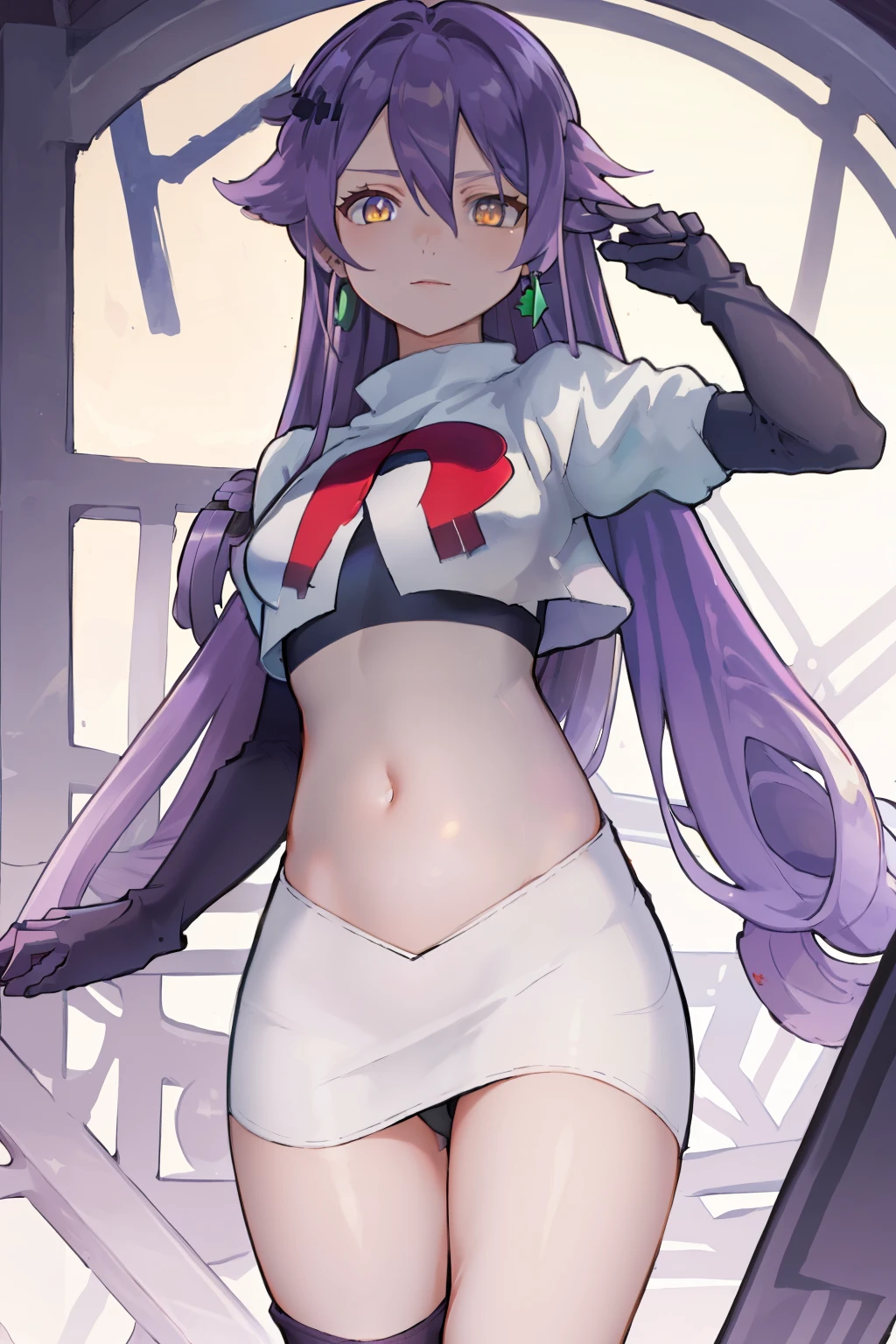 masterpiece, best quality, best 8k wallpaper, 
1 girl, long hair, purple hair, bangs, yellow eyes, earrings, hair between eyes, hair ornament,
team rocket,team rocket uniform,white skirt,red letter R,crop top,black thigh-highs,black elbow gloves