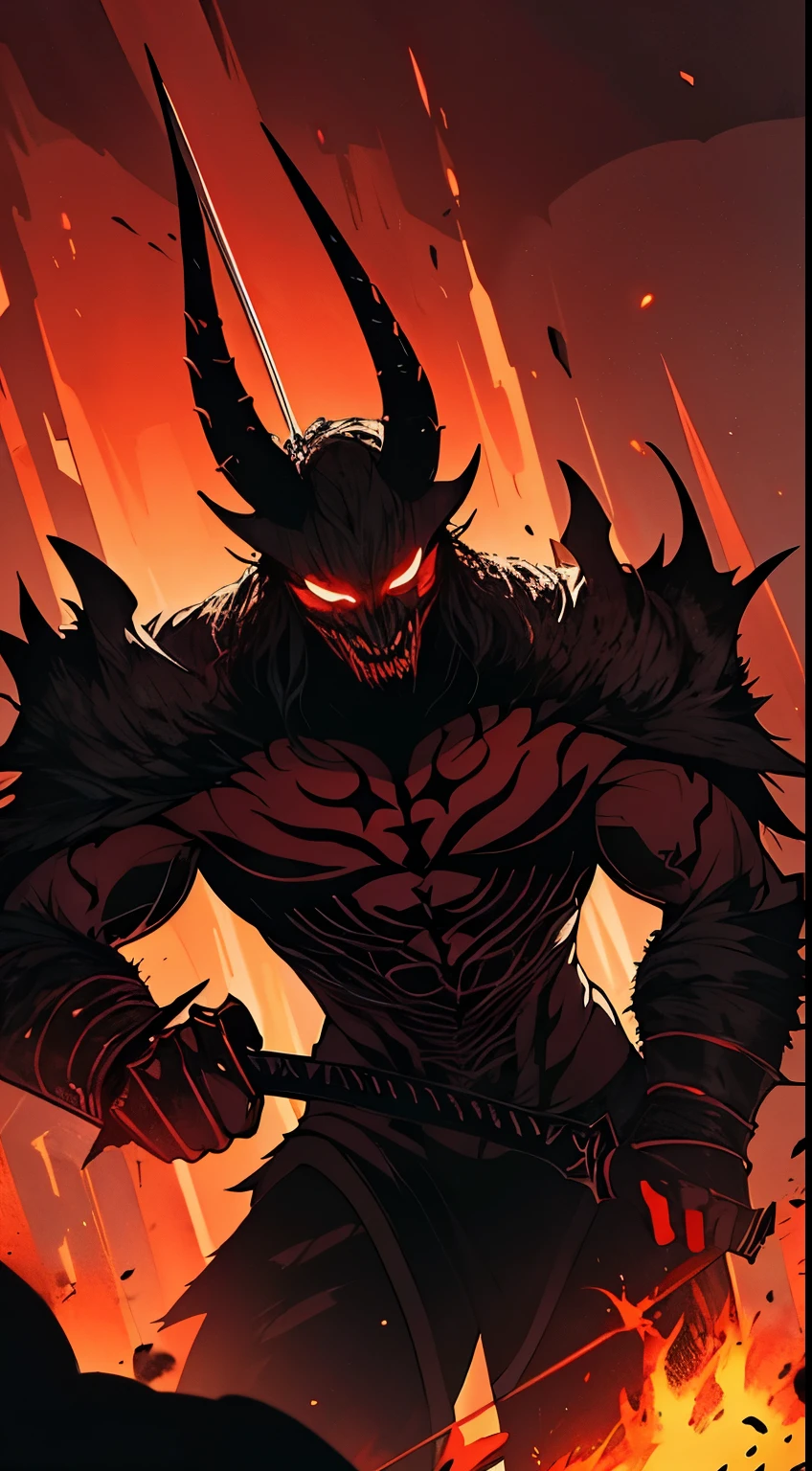 roter samurai, bloody sword, mask with horns, evil-like, diagonally from the front