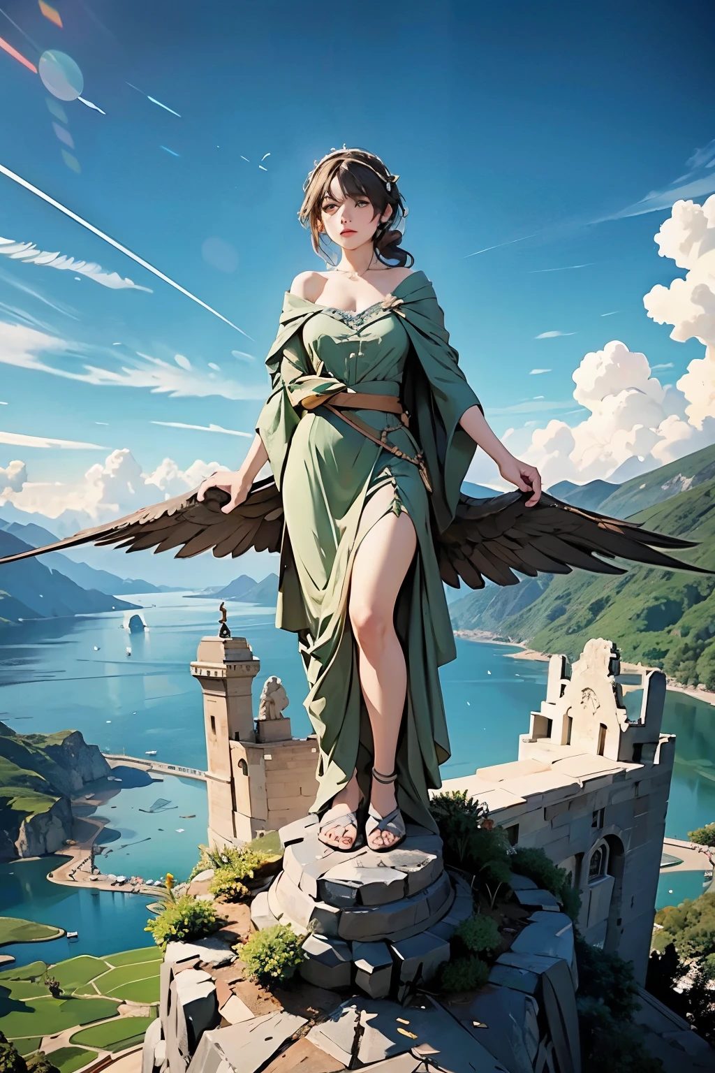 Top quality, 8K, masterpiece, ultra-detailed, dark background, darkness, long shot, wide shot, Relief of Victoire de Samothrace, relief of Winged Victory glows vaguely green, in stoned Ancient Relics, low mountains, seaside view. cinematic lighting, cliff