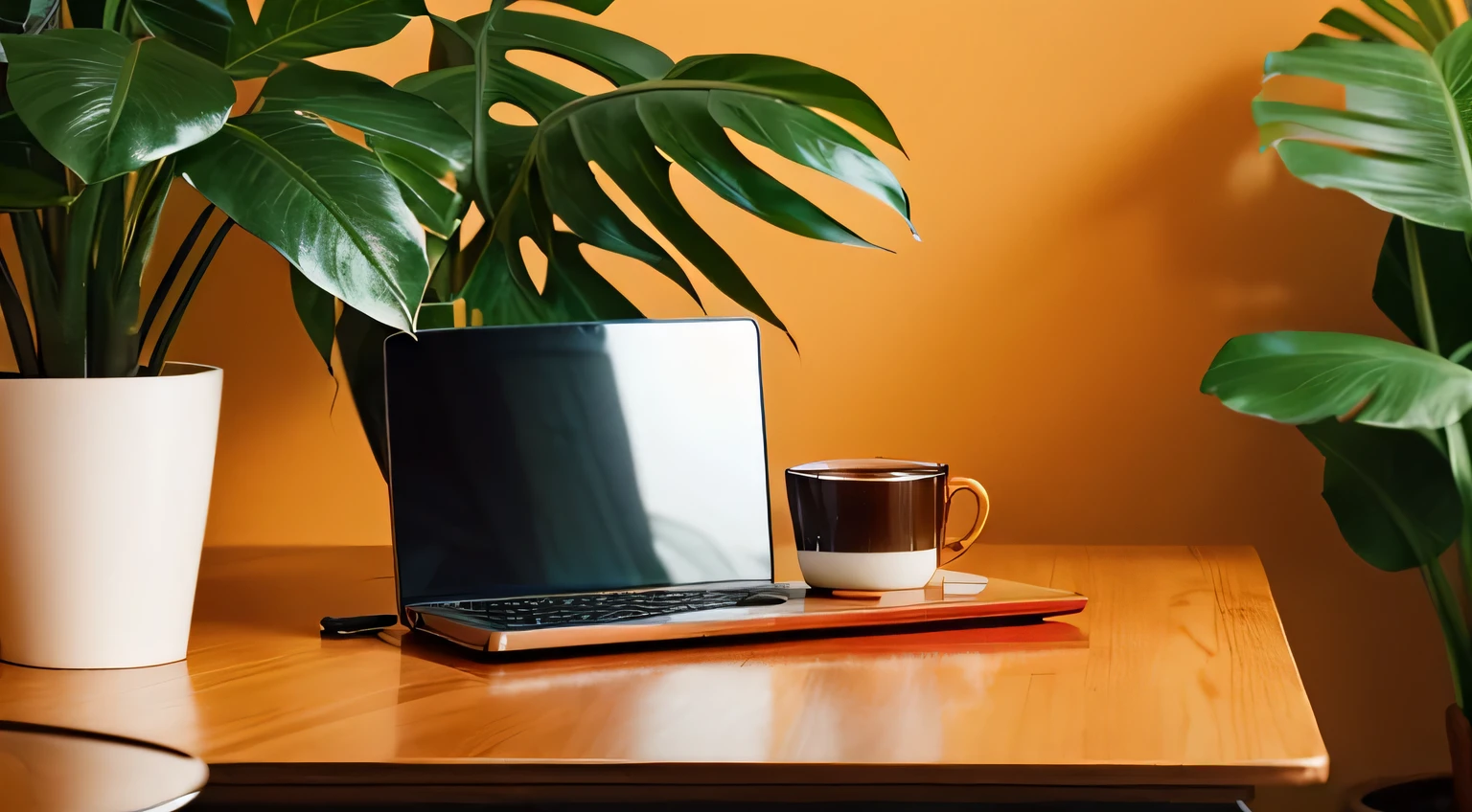 Warm color series background, a table, a cup of coffee, a small plant, a laptop, feel more hustle and passion, 4k resolution, FHD, from side view