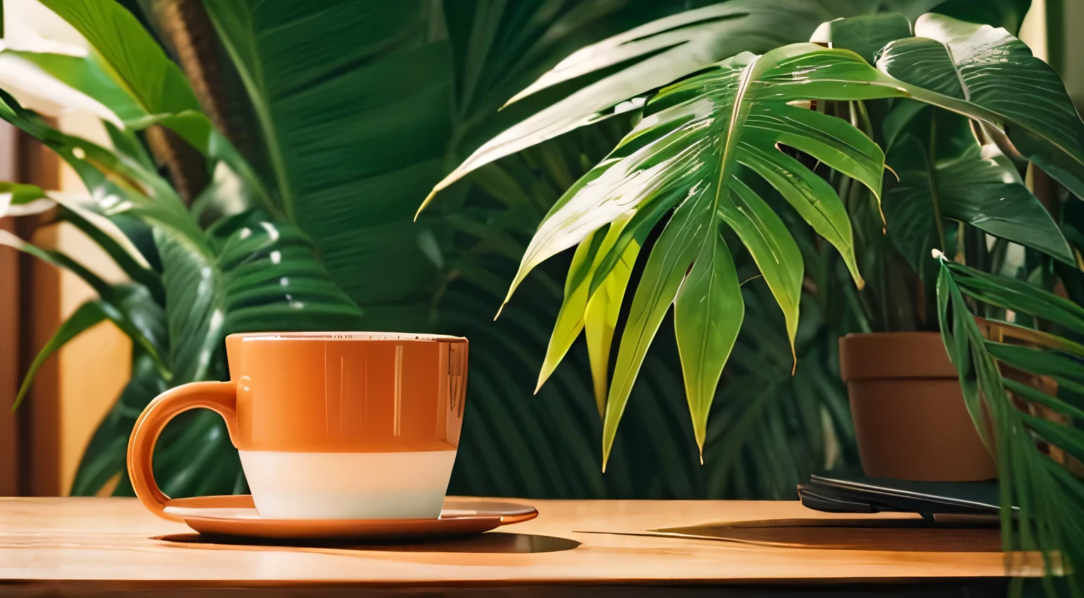 Warm color series background, a table, a cup of coffee, a small plant, a macbook, feel more hustle and passion, 4k resolution, FHD, from side view