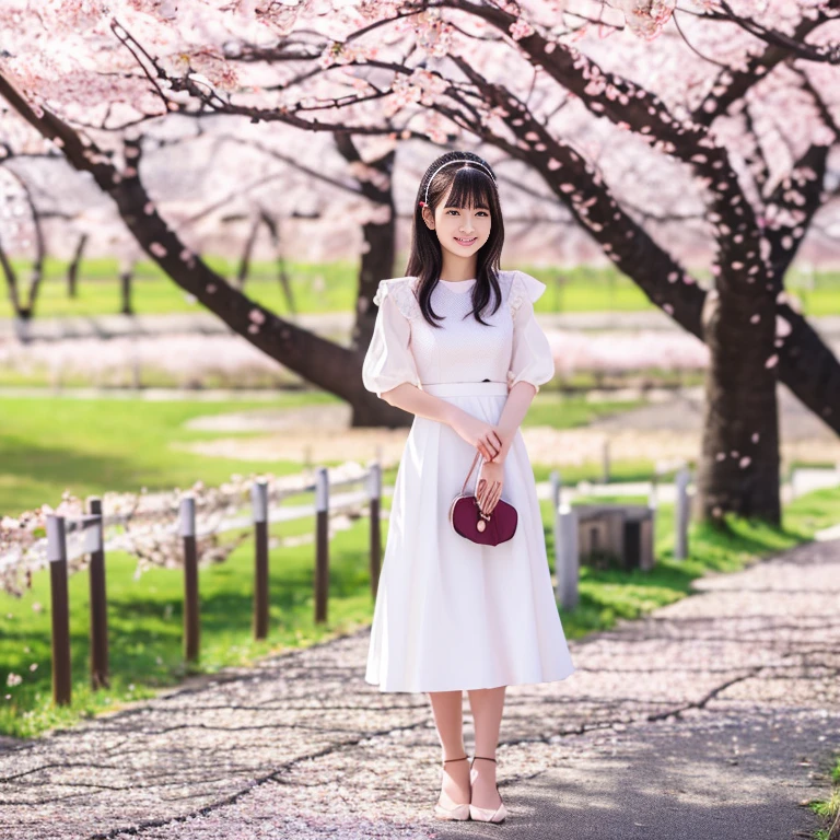 A 15-year-old Japanese girl is standing wearing a white dress with puff sleeves.. Full body painting　Standing picture cherry blossom trees　(cherry blossom petals are falling:1.4)　tilt your head slightly　White pumps　Pink pouch　Long straight black hair　standing , (full body:1.4) , (toe:1.4)