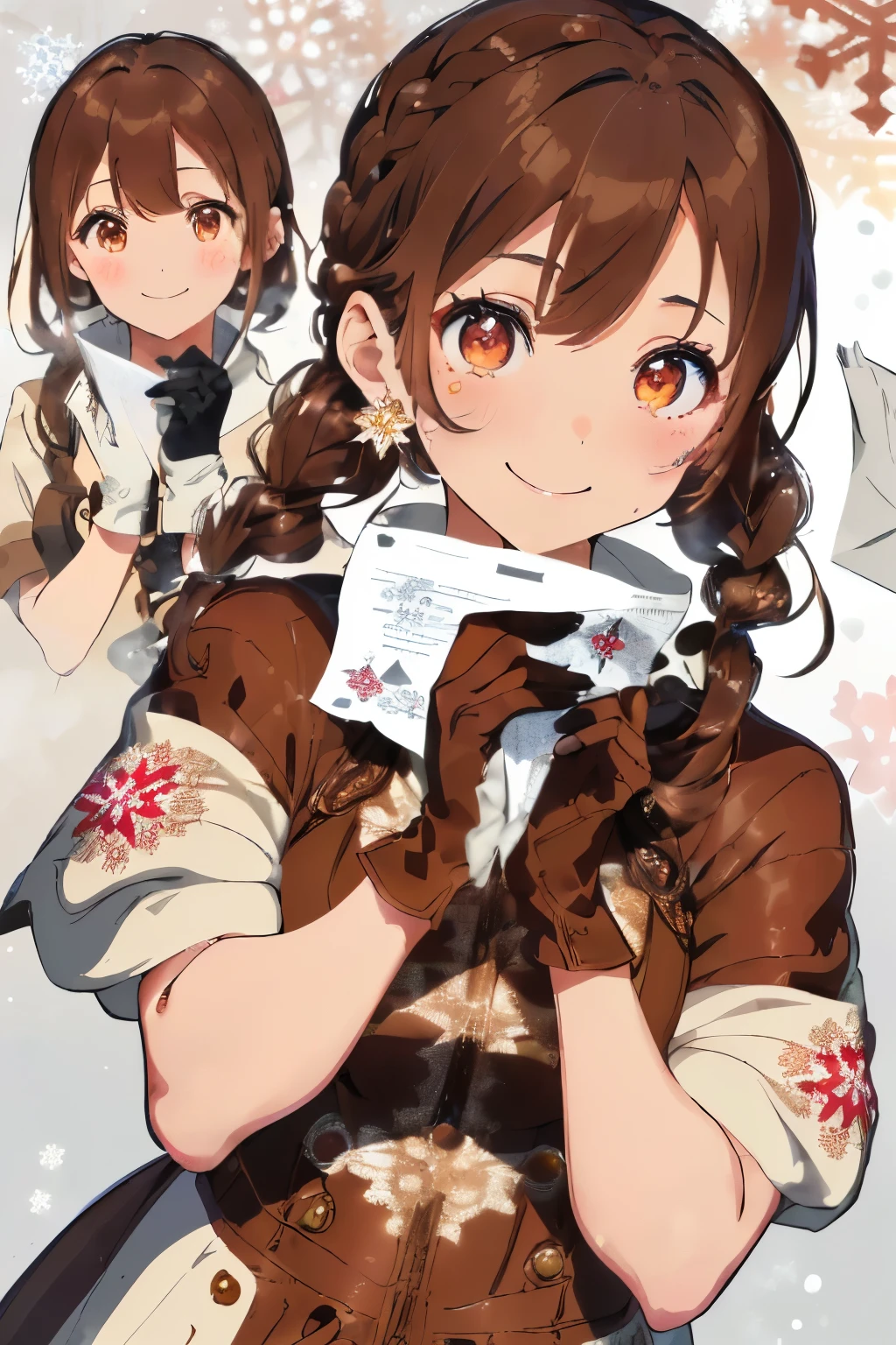 (Brown hair),(Braided shorthair),(With bangs),(Brown eyes:1.25),Slight red tide,(Her eyes are sparkling:1.2),(Eye size:1.7),(gloves:1.5),(messy and messy hair:1.2),(Winter clothes with cute designs:1.4),(place々One-piece dress with lace:1.3),(Brown short boots),(Happy smile:1.1),(Smiling smile:1.15),(Kadomatsu:1.25),(accessories like flowers and crystals:1.3),(close up of face:1.25),(和やかな雰囲気の場place),(warm winter coat:1.3),(muffler:1.3),(holding a long thin piece of paper1.35),(I am showing you the paper with the fortune telling results here.:1.35),