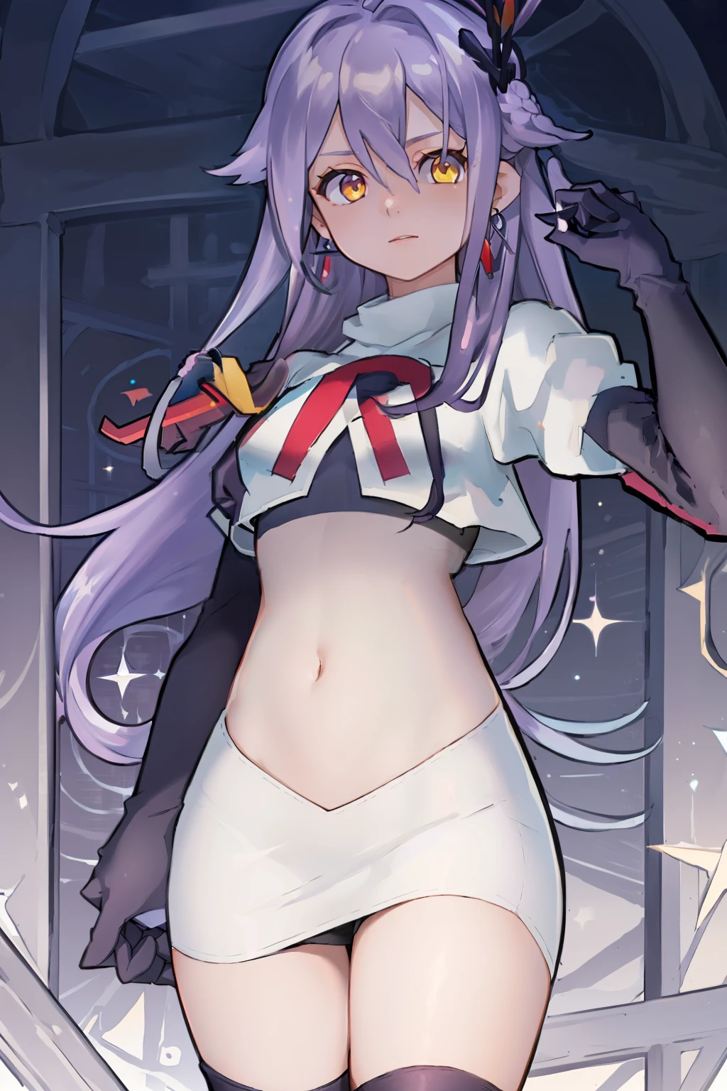 masterpiece, best quality, best 8k wallpaper, 
1 girl, long hair, purple hair, bangs, yellow eyes, earrings, hair between eyes, hair ornament,
team rocket,team rocket uniform,white skirt,red letter R,crop top,black thigh-highs,black elbow gloves