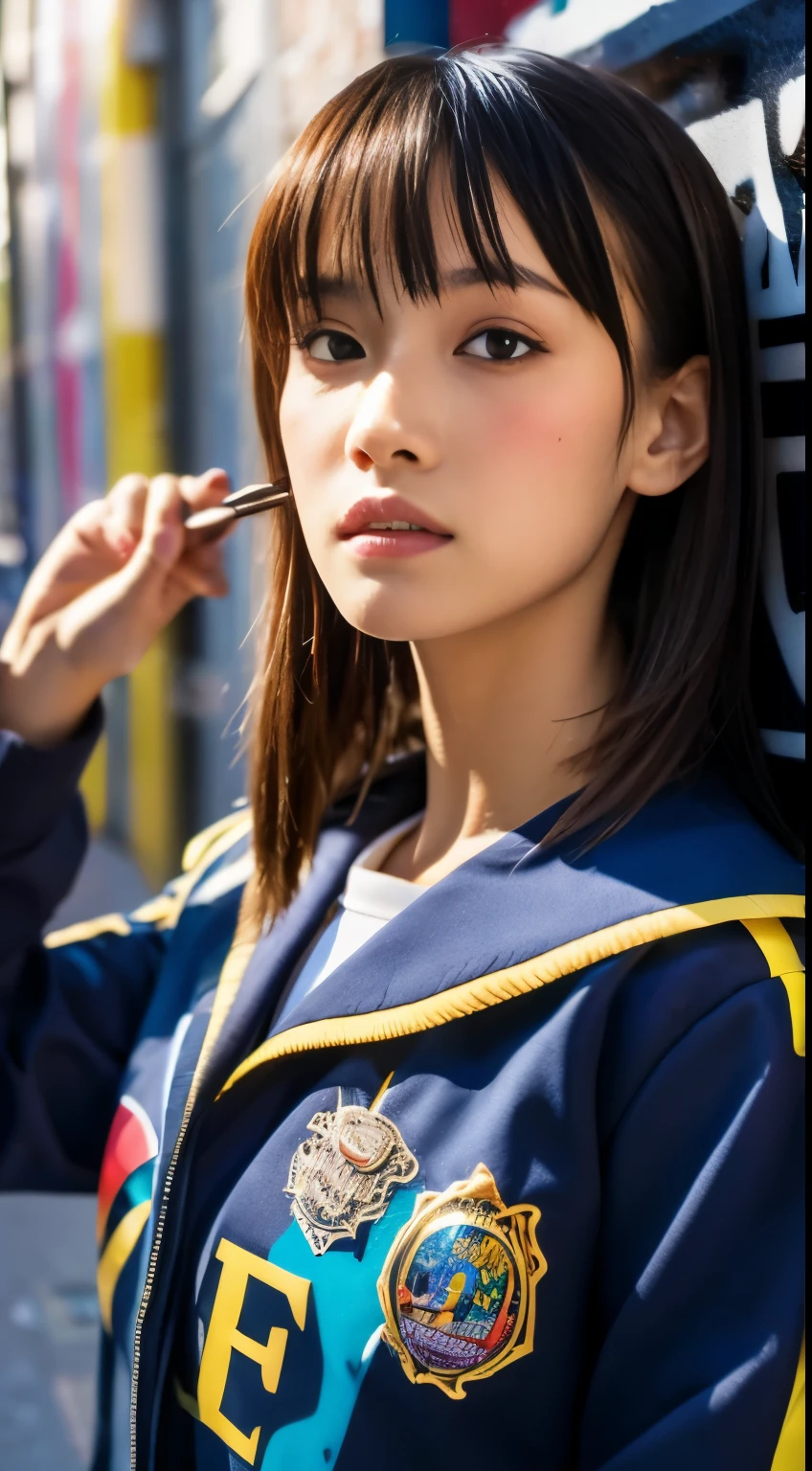(Best Quality), masutepiece, Highly detailed CG uniform 8k illustration, High collar, extremely High collar saturation, All colors deepened, paint, graffiti art, Center Composition, Extremely detailed light and shadow, graffiti wall, wall painted bright, One girl graffiti One girl is looking at the wall, very detailed face and eyes, Medium length hair, Sportswear, colored clouds