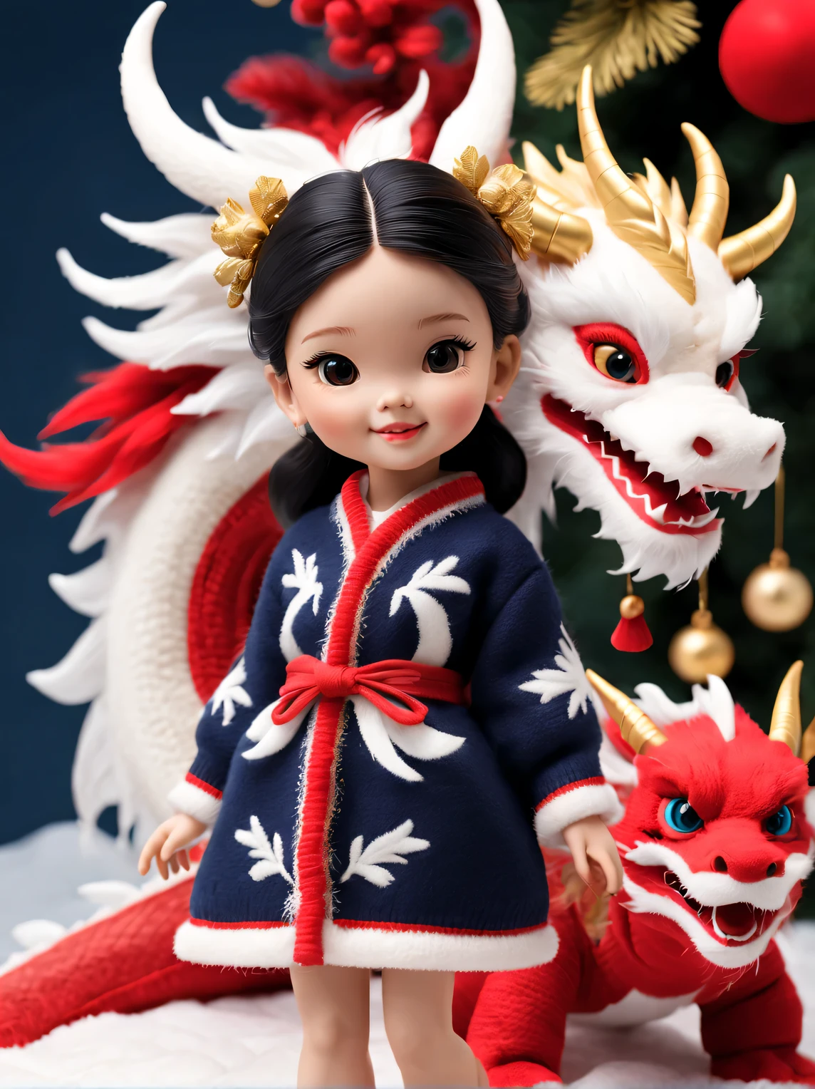 2024 new year plush toy design，（Close up of smiling cute  chinese dragon and barbie doll：1.1），Wear a sense of luxury, Rococo winter gorgeous fashion cashmere wool fashion quisite cashmere wool craft） ， Background with：Dark navy and fiery red，2024 new year elements，golden ornaments，heavy snow ground， Apply exquisite skills and superb technology，Weave wool into a variety of styles and textures，Pay attention to the edge of the sweater、sutured、Details such as stitching ensure smooth lines of the sweater、Smooth and traceless，Demonstrate perfect craftsmanship quality。 Cute 3d rendering，Cute and detailed digital art，Miniature feeling，stylized 3d render，3d rendered figure art 8k，lovely digital painting，Anime style 3D，Ultra-detailed rendering