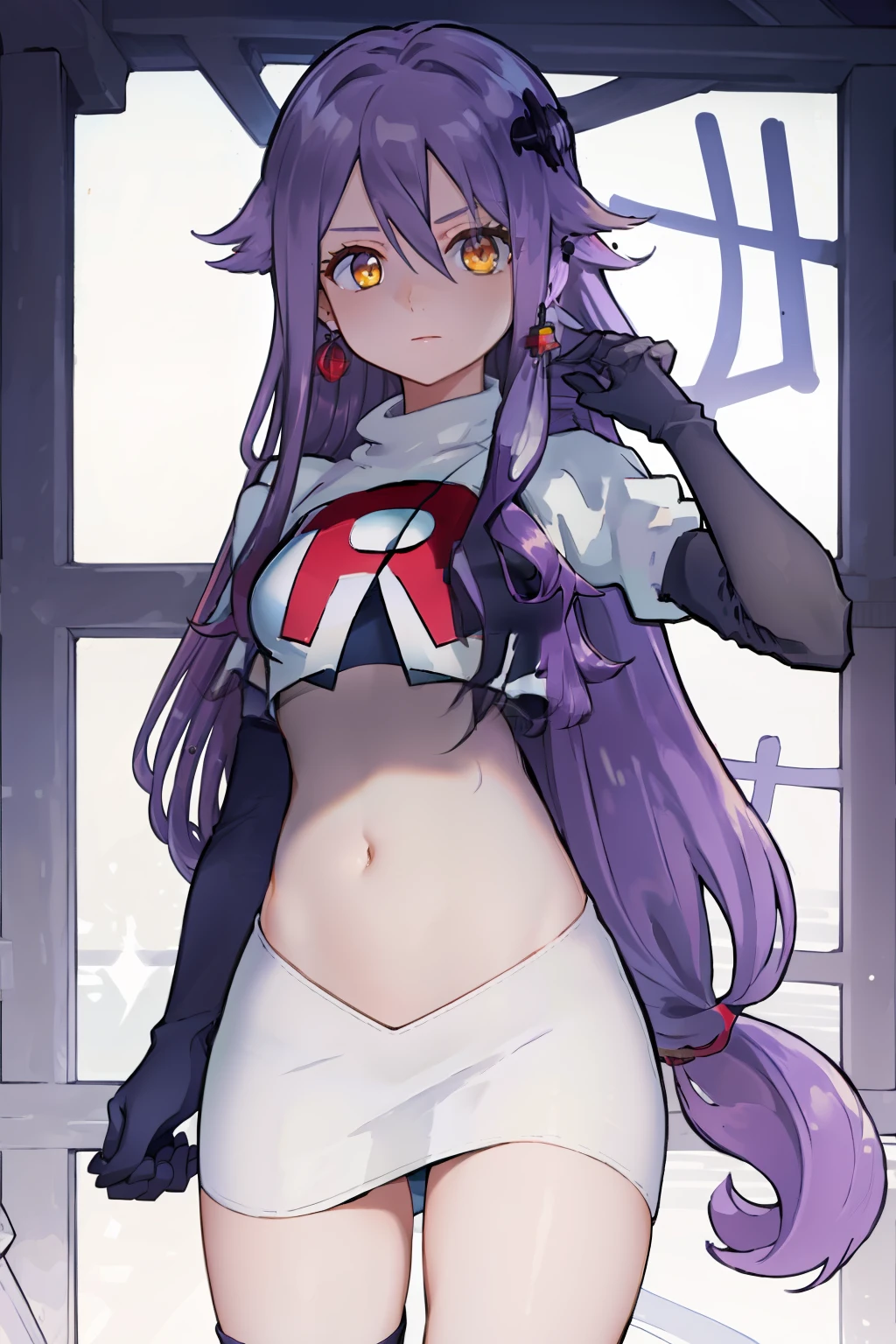 masterpiece, best quality, best 8k wallpaper, 
1 girl, long hair, purple hair, bangs, yellow eyes, earrings, hair between eyes, hair ornament,
team rocket,team rocket uniform,white skirt,red letter R,crop top,black thigh-highs,black elbow gloves