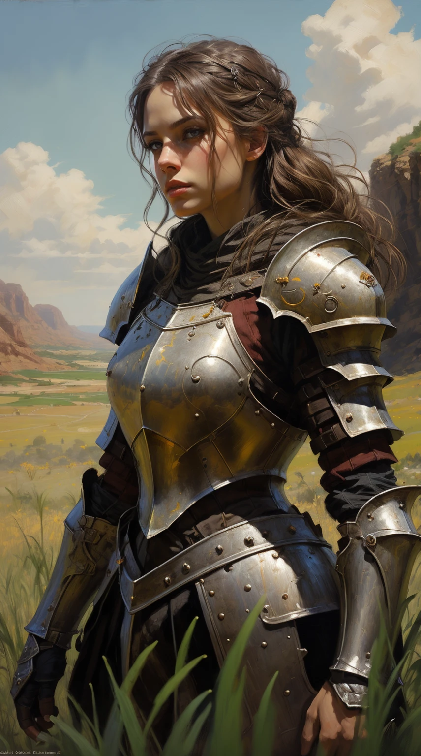 breathtaking oil painting, medieval fantasy, mature knight, commander woman, armored woman, blonde hair, high detail armor, grass field background, cinematic shot, dynamic lighting, 75mm, Technicolor, Panavision, cinemascope, sharp focus, fine details, 8k, HDR, realism, realistic, key visual, film still, superb cinematic color grading, depth of field, photorealistic oil painting, by charlie bowater, fine details, by wlop, trending on artstation, very detailed