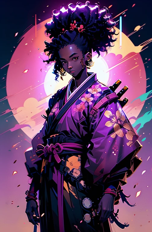 a young black boy samurai with afro hair, floral background, full moon (golden moon)